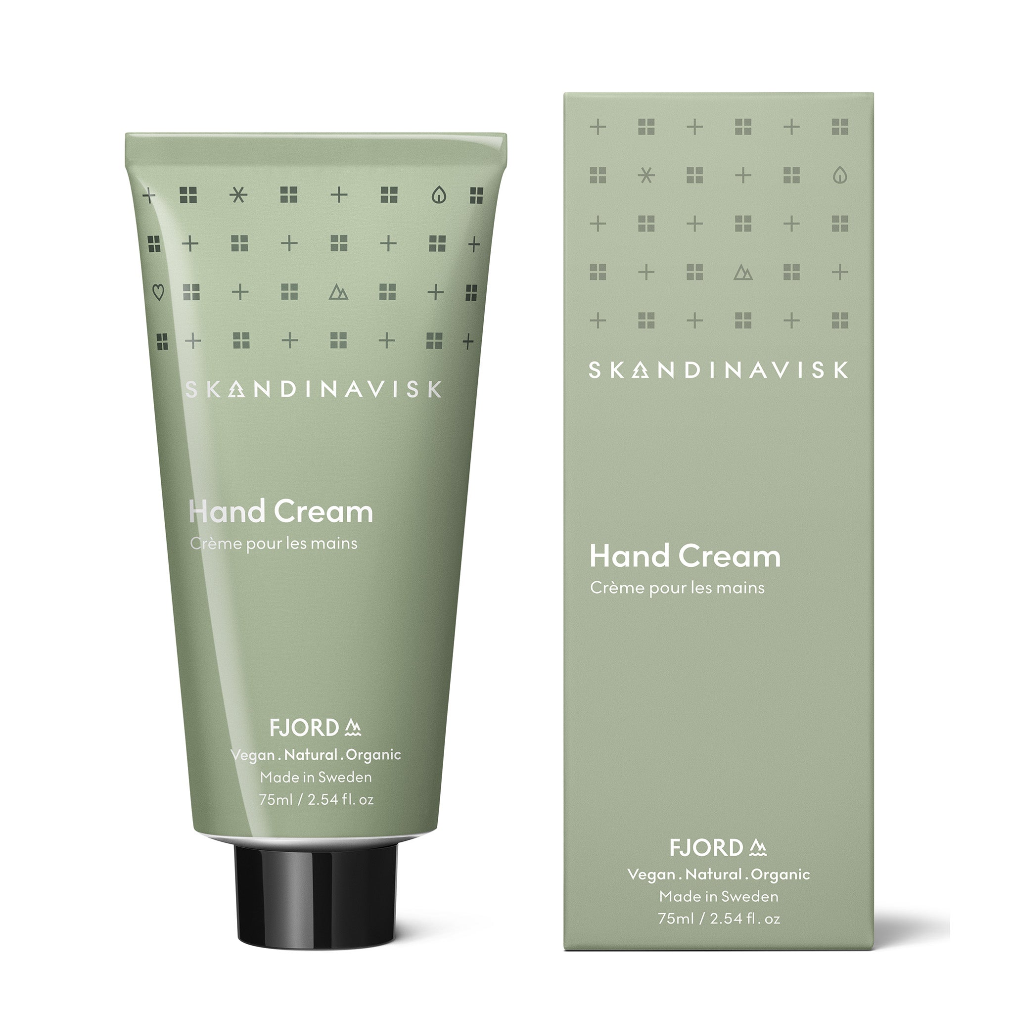 Skandinavisk Fjord 75 ml hand cream in recycled aluminum tube with FSC-certified packaging.