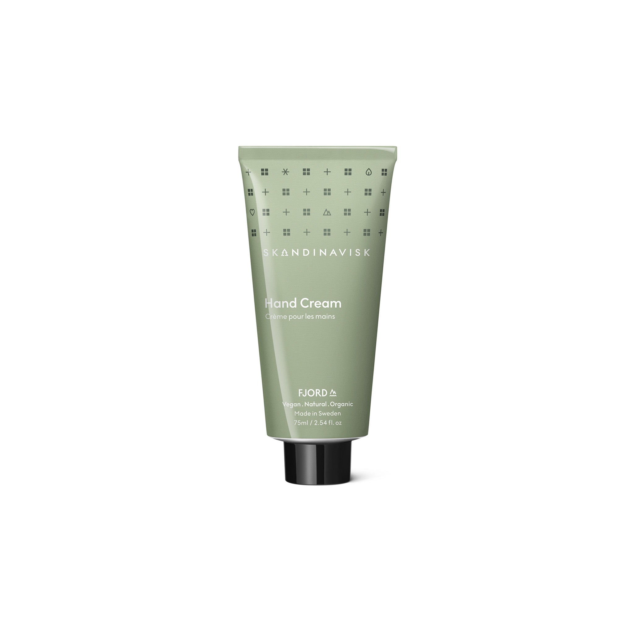 Skandinavisk Fjord 75 ml hand cream in recycled aluminum tube with FSC-certified packaging.