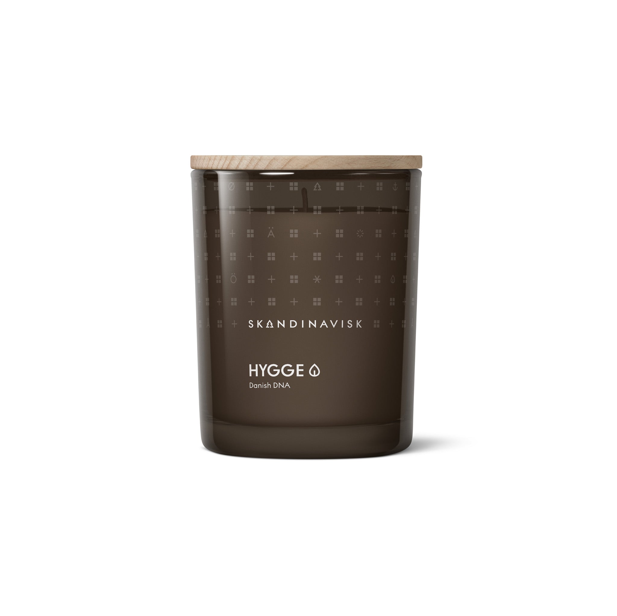 Skandinavisk Hygge 200g scented candle in frosted glass jar with wooden lid.