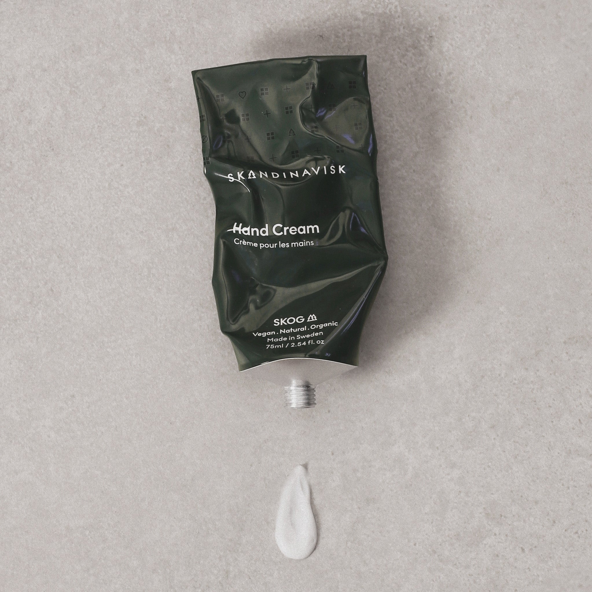Skandinavisk SKOG 75 ml hand cream in recycled aluminum tube with FSC-certified packaging.