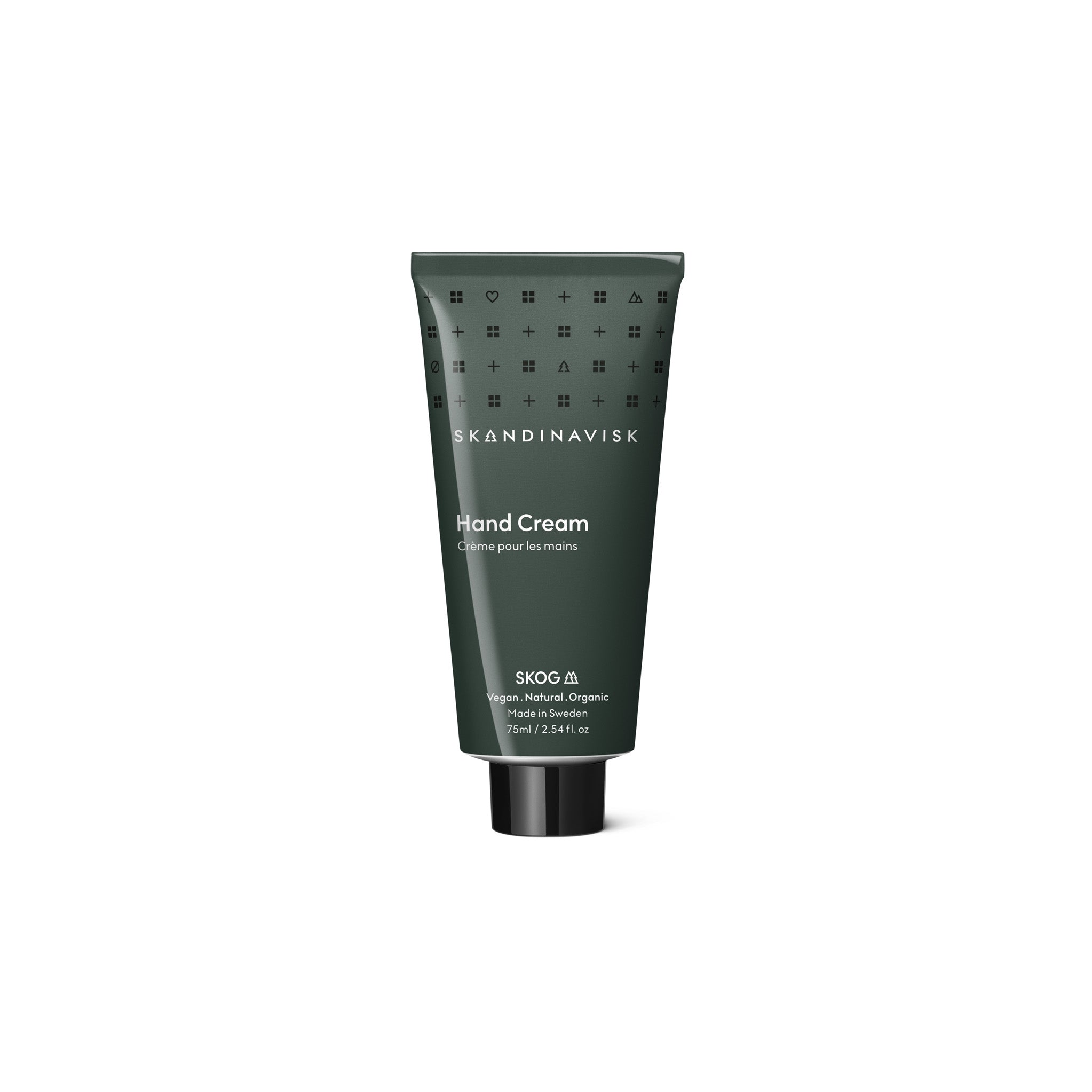 Skandinavisk SKOG 75 ml hand cream in recycled aluminum tube with FSC-certified packaging.
