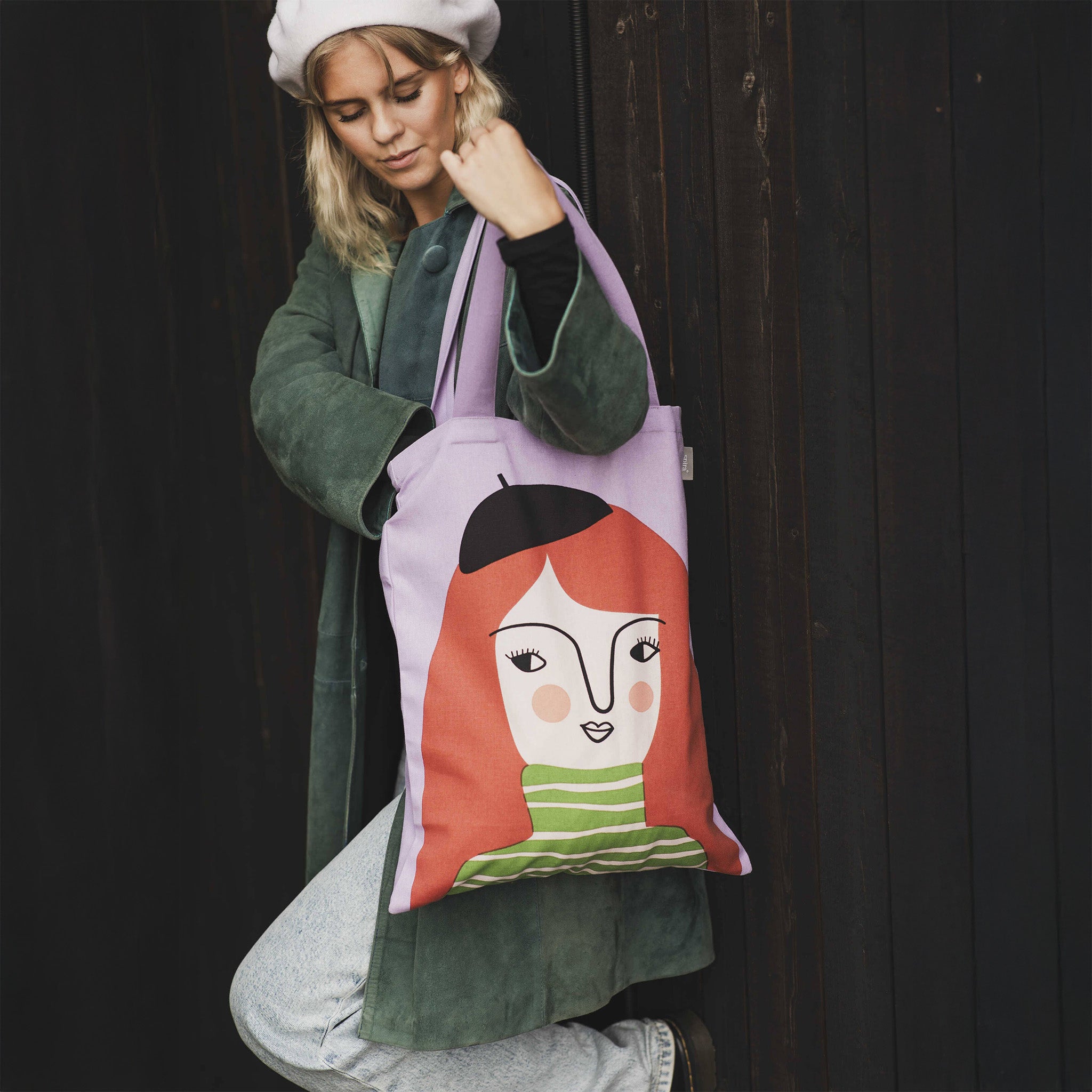 Kompiskasse Astrid Tote Bag by Spira of Sweden, natural cotton tote with illustrated Astrid character, 15" × 18.5".