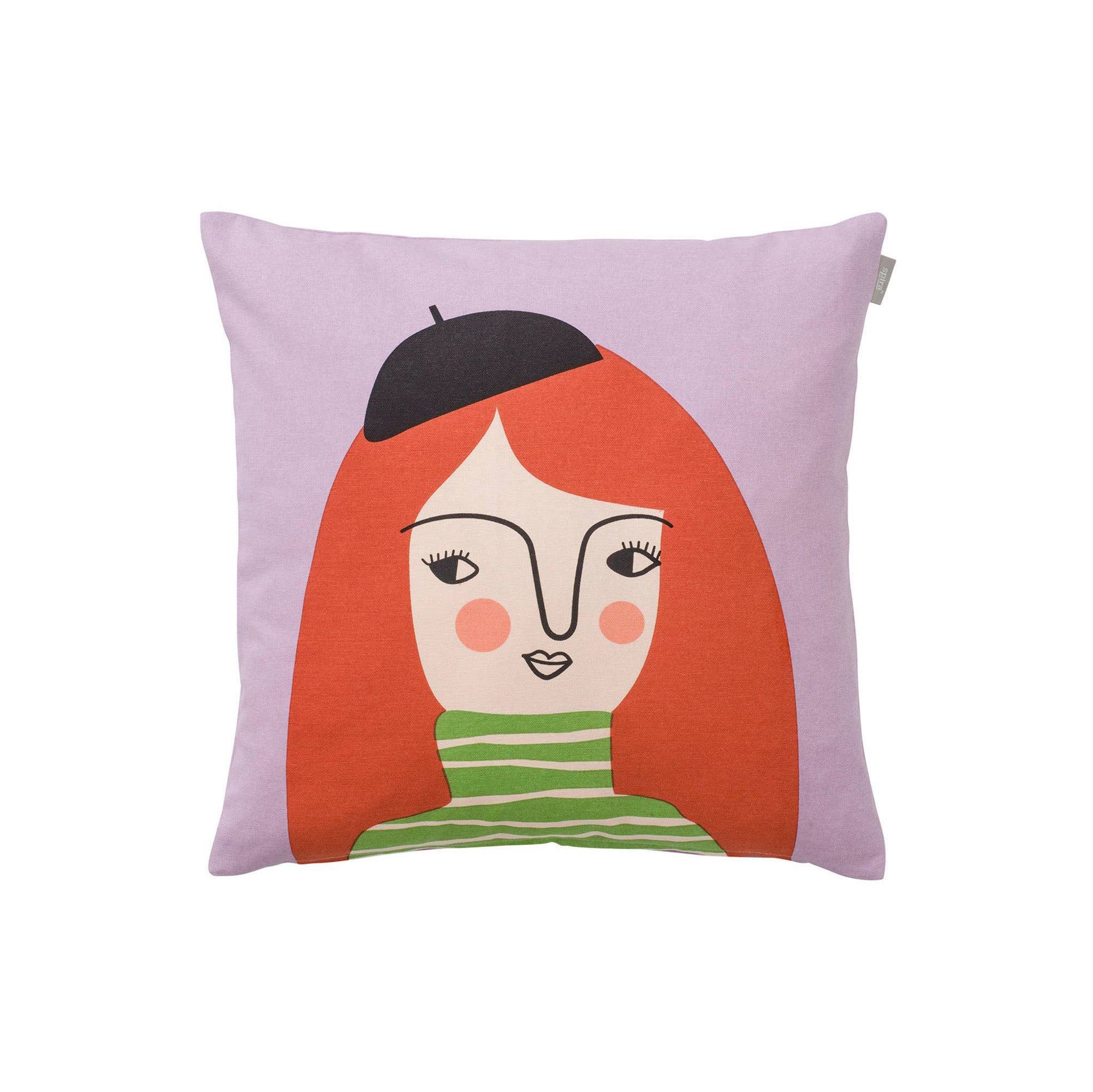 Astrid Kompiskudde Cushion Cover by Spira of Sweden, natural cotton pillow cover with illustrated Astrid character, 20&quot; × 20&quot;.