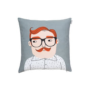 Kompiskudde Luke Cushion Cover by Spira of Sweden, natural cotton pillow cover with illustrated Luke character, 20" × 20".