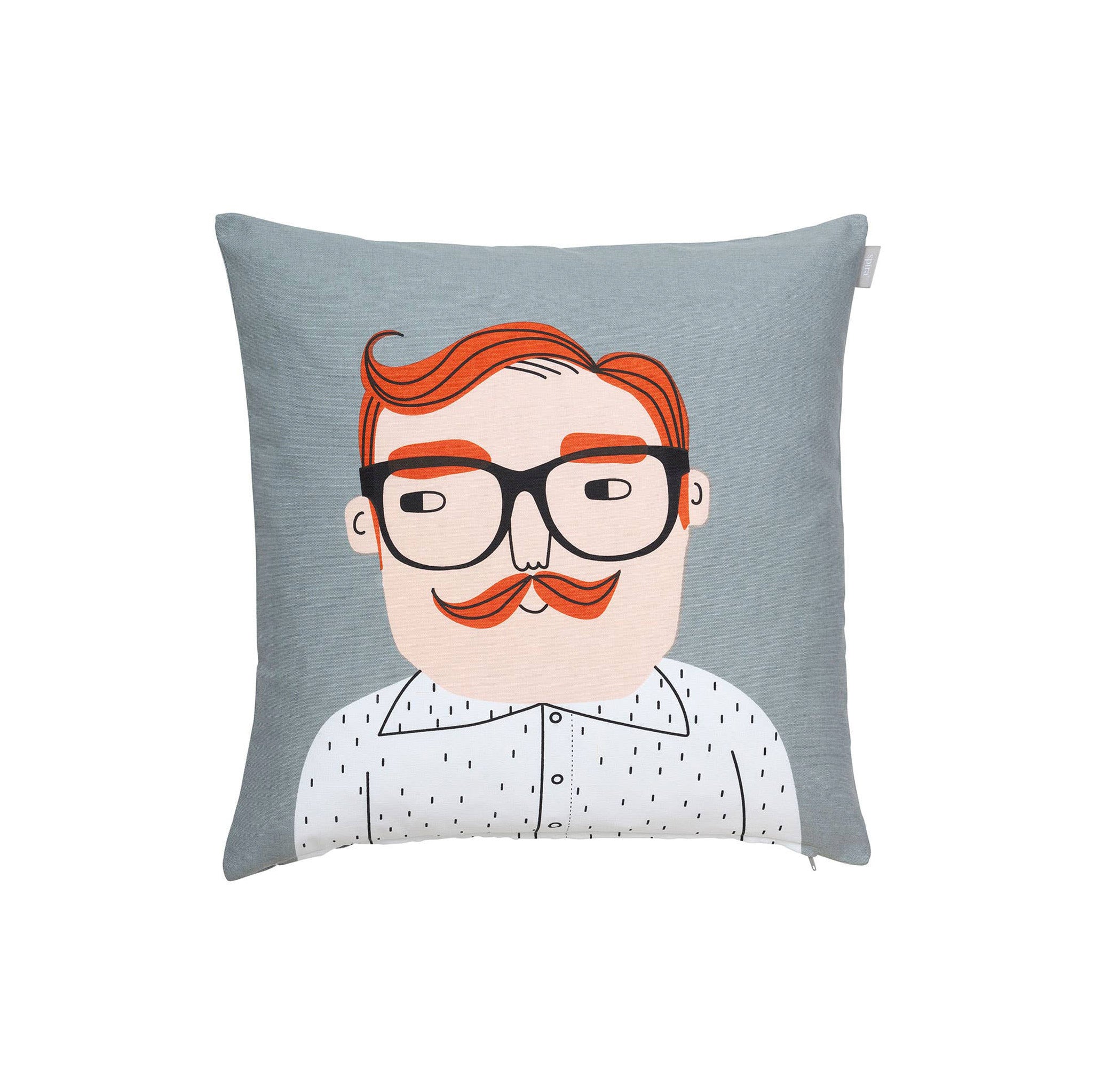 Kompiskudde Luke Cushion Cover by Spira of Sweden, natural cotton pillow cover with illustrated Luke character, 20" × 20".
