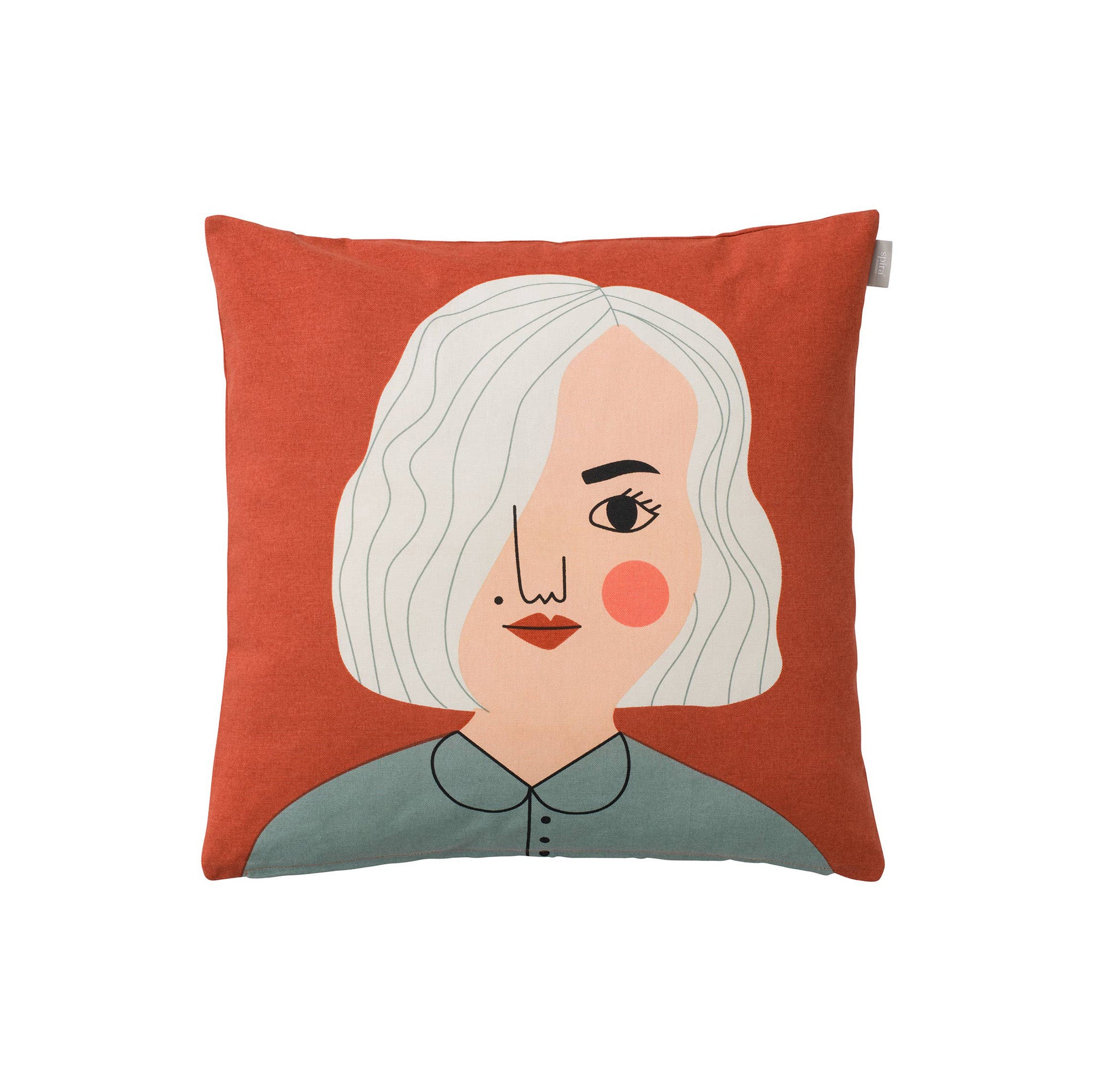 Nike Kompiskudde Cushion Cover by Spira of Sweden, natural cotton pillow cover with illustrated Nike character, 20" × 20".