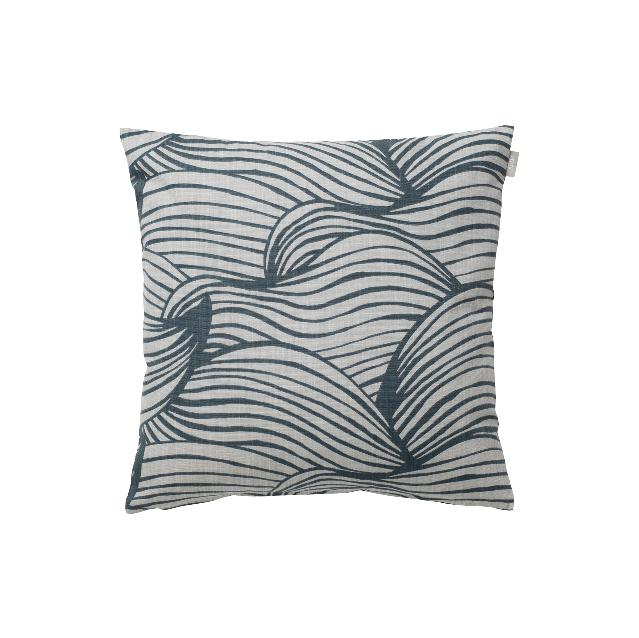 Wave Cushion Cover by Spira of Sweden, cotton pillow cover with Nordic wave print inspired by ocean tides, double-sided in blue or grey, 20" × 20".