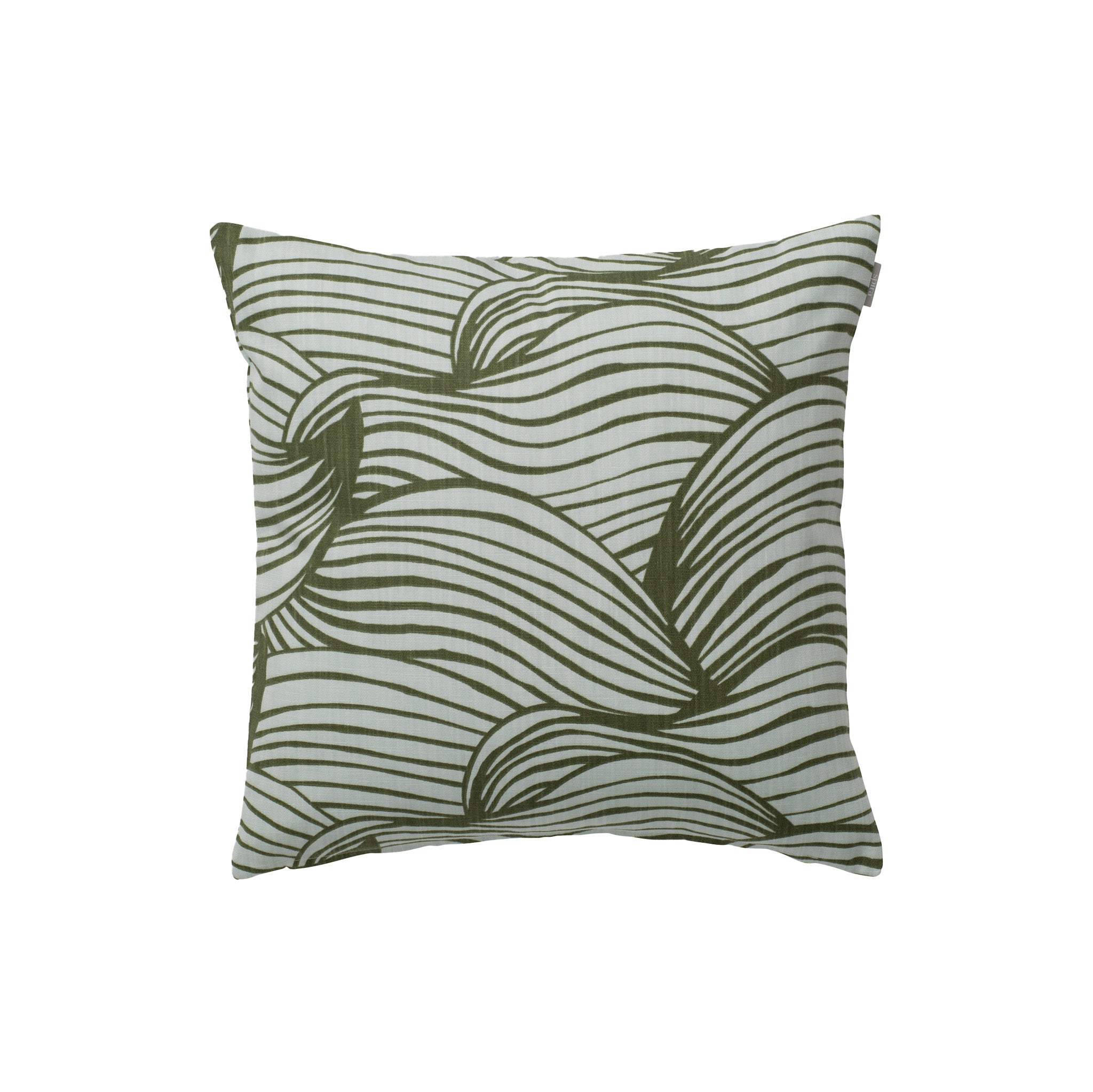 Wave Cushion Cover by Spira of Sweden, cotton pillow cover with Nordic wave print inspired by ocean tides, double-sided in blue or grey, 20" × 20".