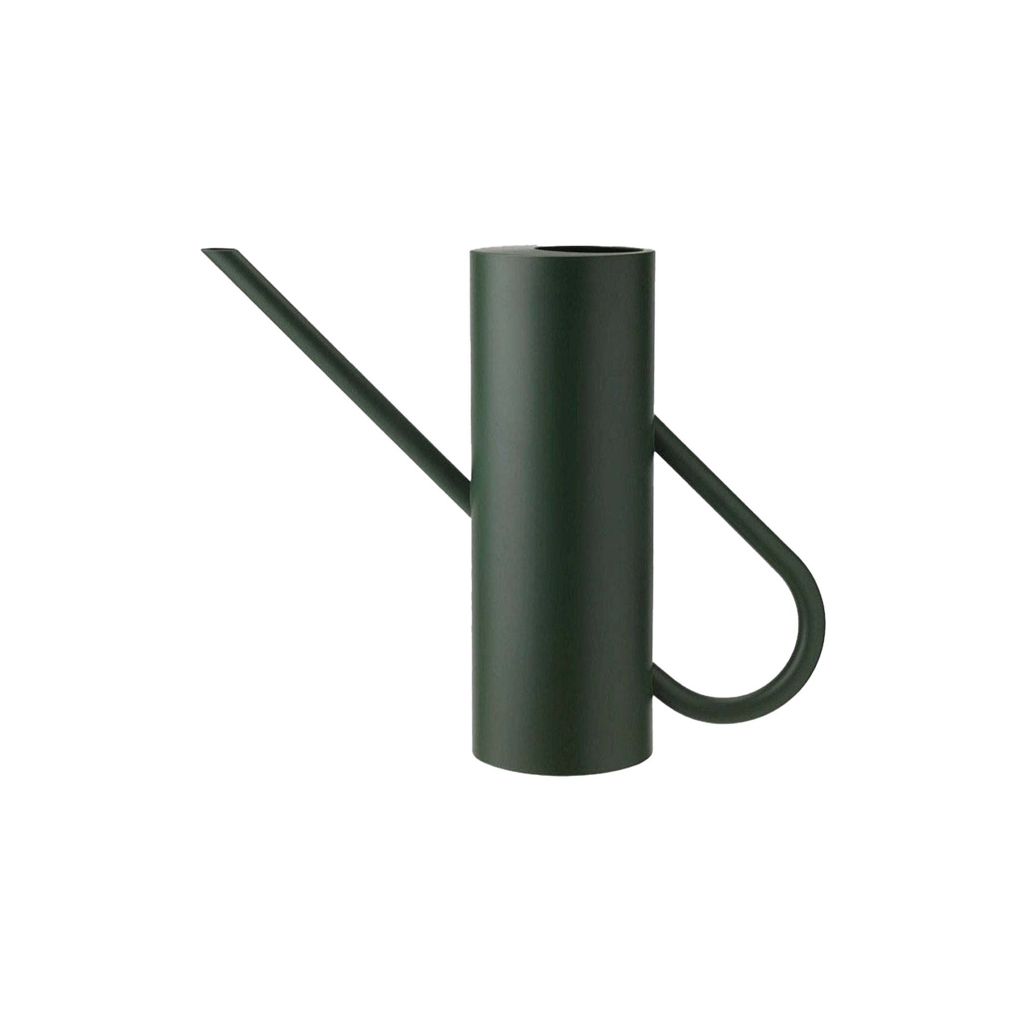 Stelton Bloom Watering Can in matte dark green powder-coated stainless steel with long slender spout and seamless handle design.