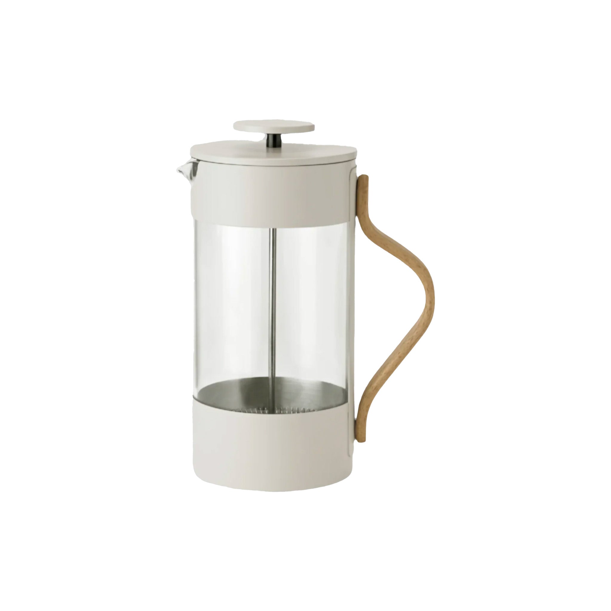 Stelton Emma French Press in beige lacquered steel with natural beechwood handle. 1 L capacity (33.8 oz). Sustainable Scandinavian design by HolmbäckNordentoft.