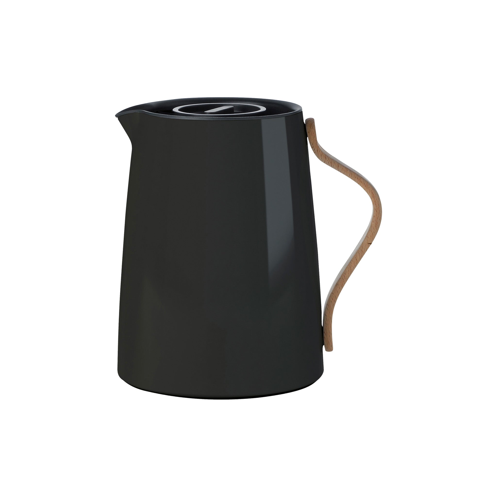 Stelton Emma Tea Vacuum Jug, 33.8 oz (1 L), in black lacquered steel with beechwood handle. Smart tea filter, thermal insert, part of the Emma line.