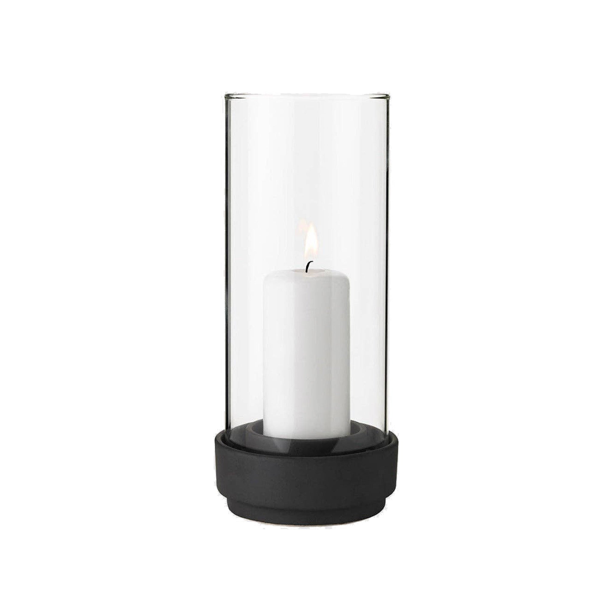 Stelton Hurricane Candleholder Large in black stoneware with glass shade, weather-resistant for indoor or outdoor candlelight.