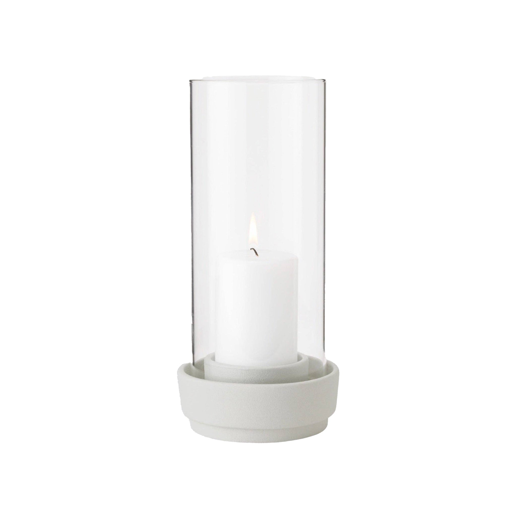 Stelton Hurricane Candleholder Large in sand stoneware with glass shade, weather-resistant for indoor or outdoor candlelight.
