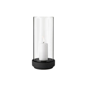 Stelton Hurricane Candleholder Small in black stoneware with glass shade, weather-resistant for indoor or outdoor candlelight.