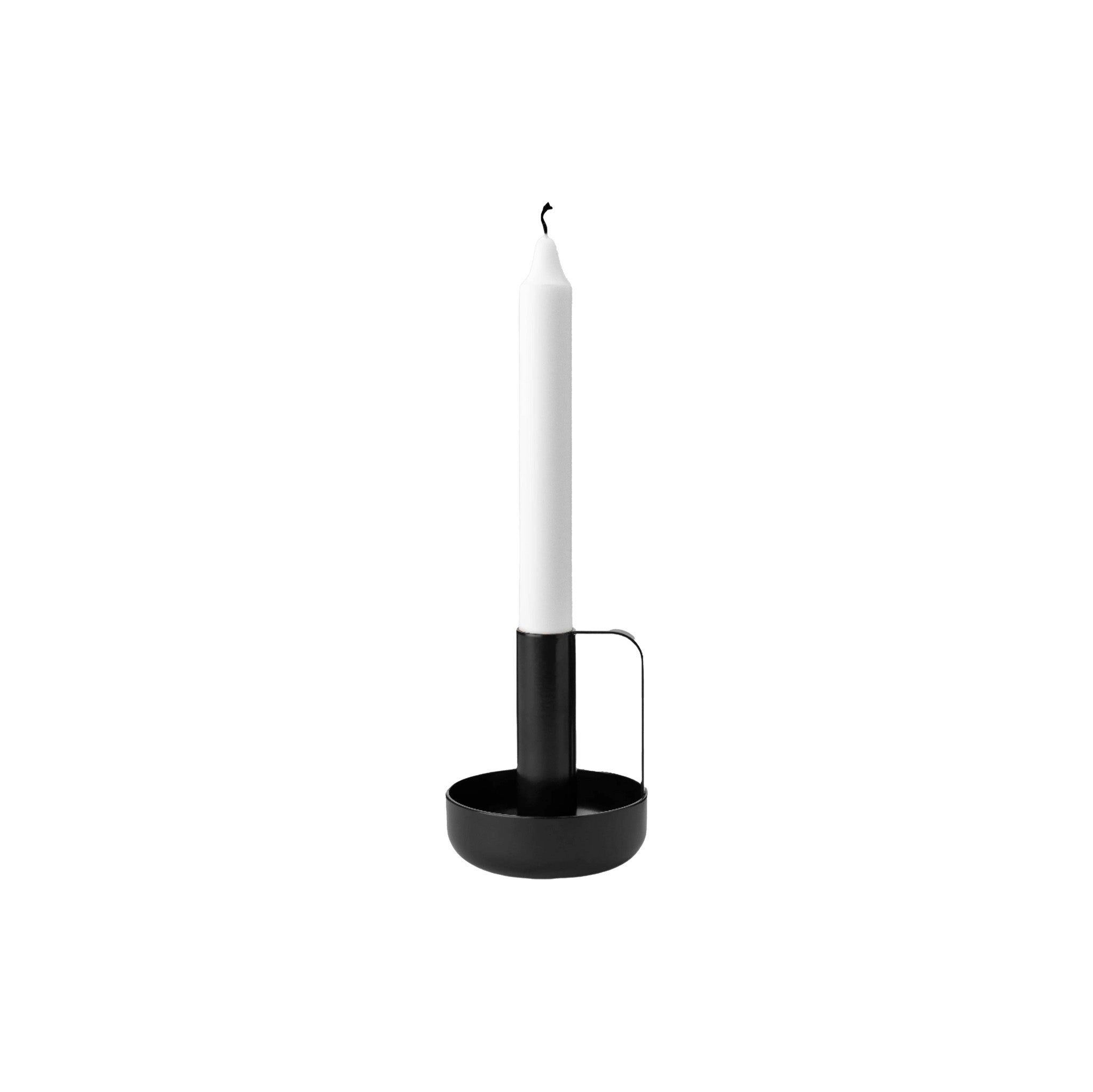 Ida Candle Holder in matte black powder-coated steel with handle and saucer base by Böttcher & Kayser.