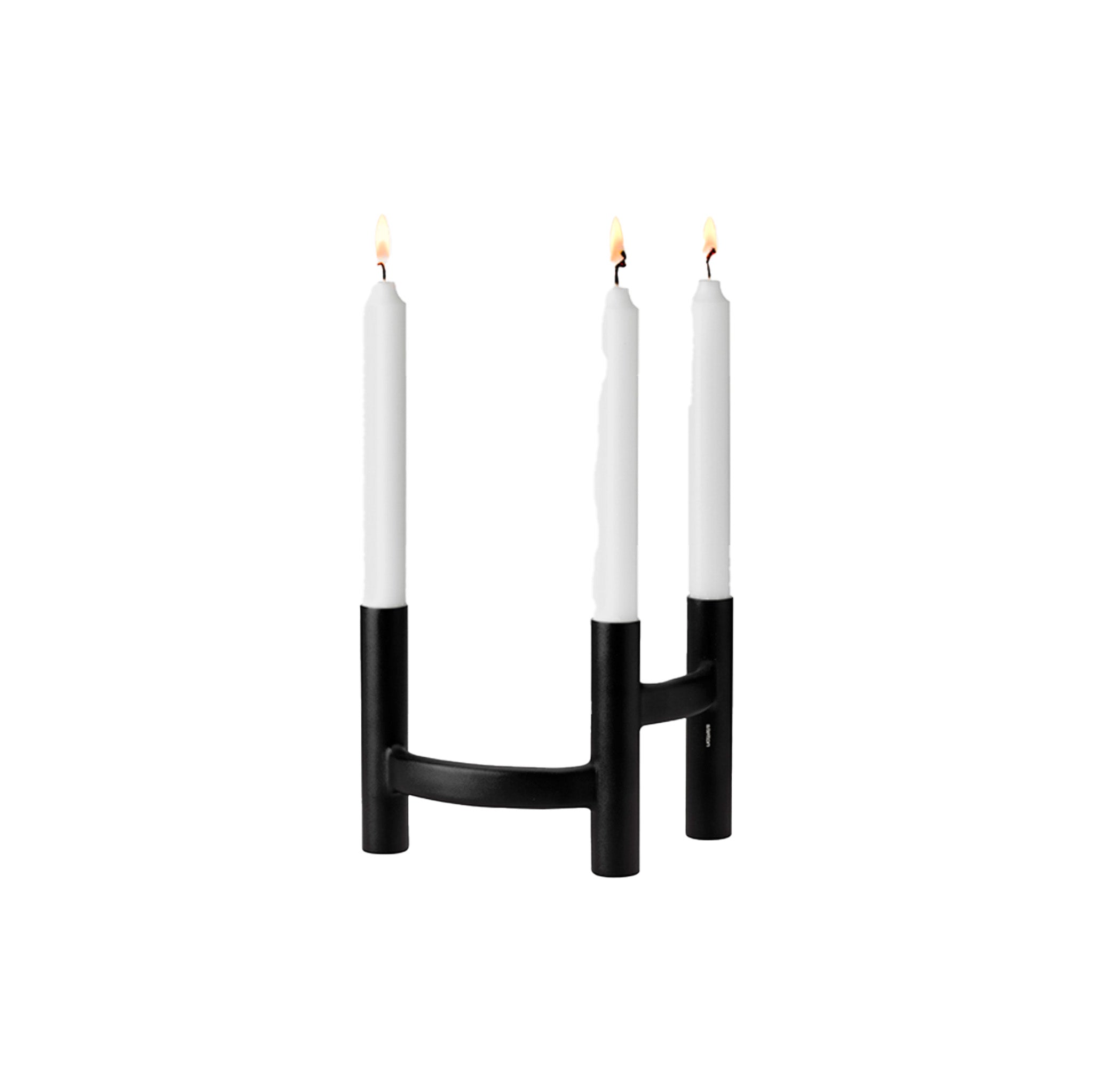 Stelton Ora Three-Branch Candleholder in black with organic sculptural design, holds three candles.