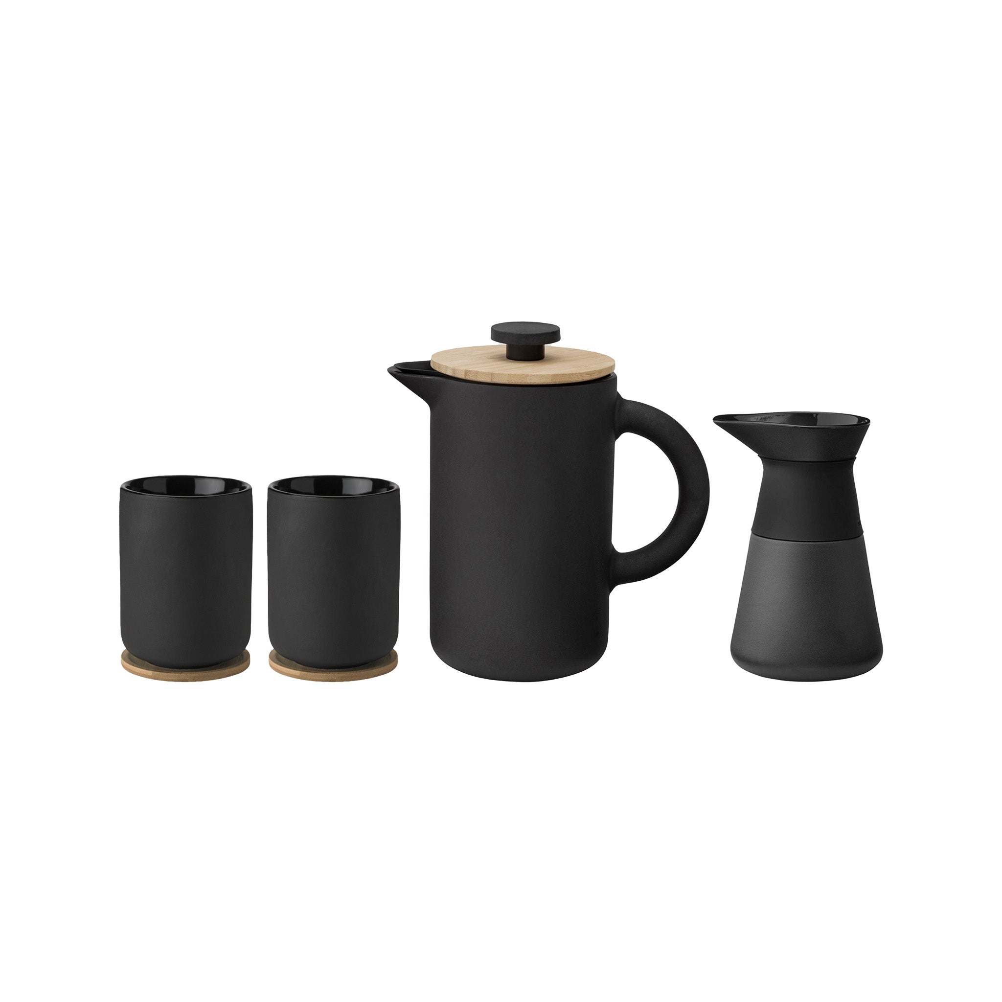 Stelton Theo French Press Bundle in matte black stoneware with glossy interiors, includes French Press, Milk Jug, and two Thermo Cups with bamboo coasters. Designed by Francis Cayouette.
