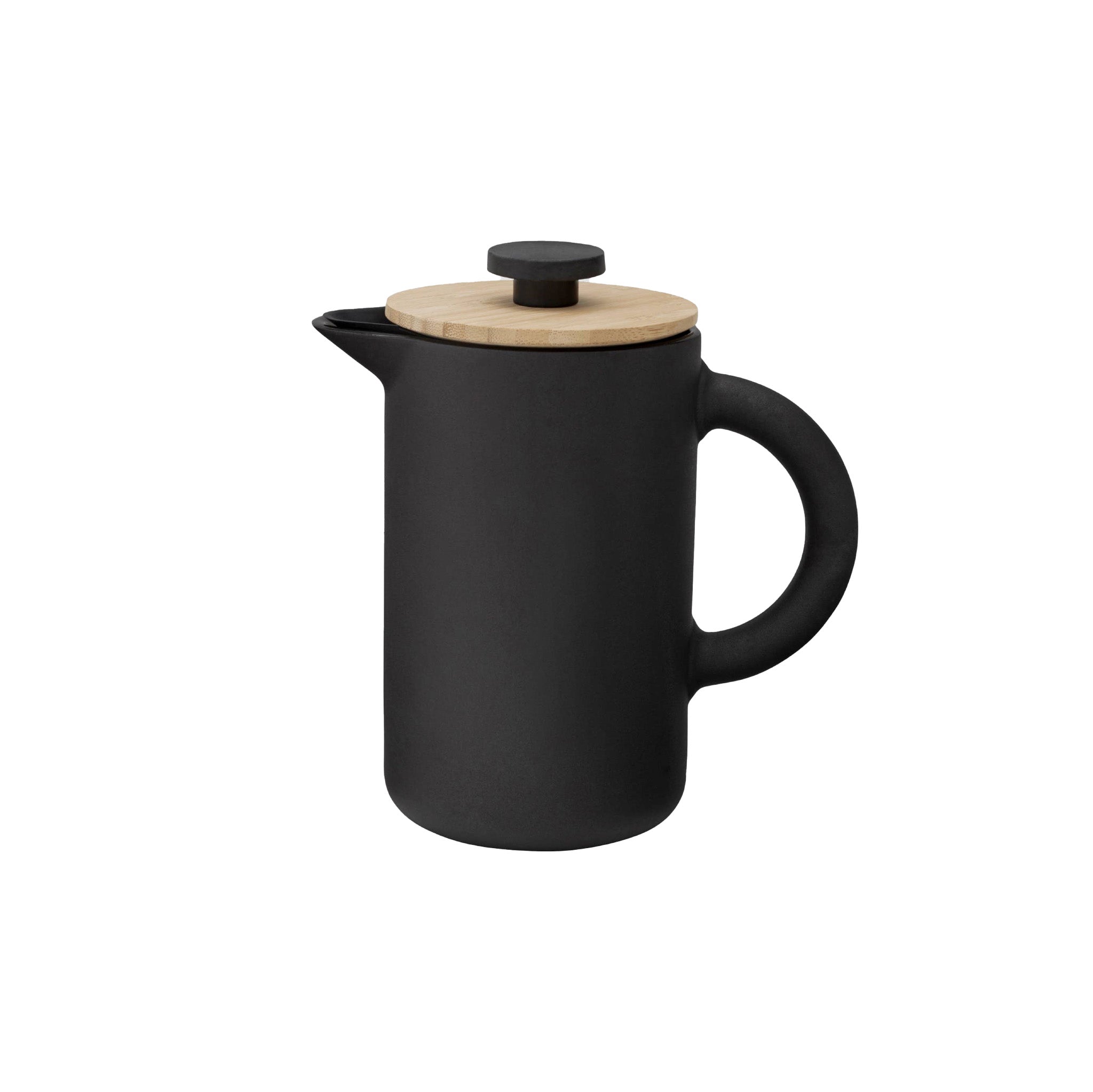 Stelton Theo French Press in matte black stoneware by Francis Cayouette with glossy interior glaze, rustic yet modern Nordic coffee maker, 0.8L capacity.