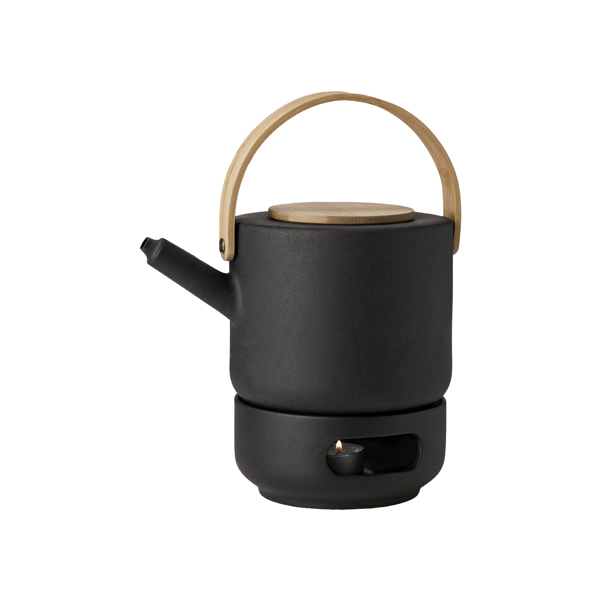 Stelton Theo Teapot + Warmer Bundle in matte black or sand stoneware with glossy interiors. Includes Teapot and matching Tea Warmer. Designed by Francis Cayouette.