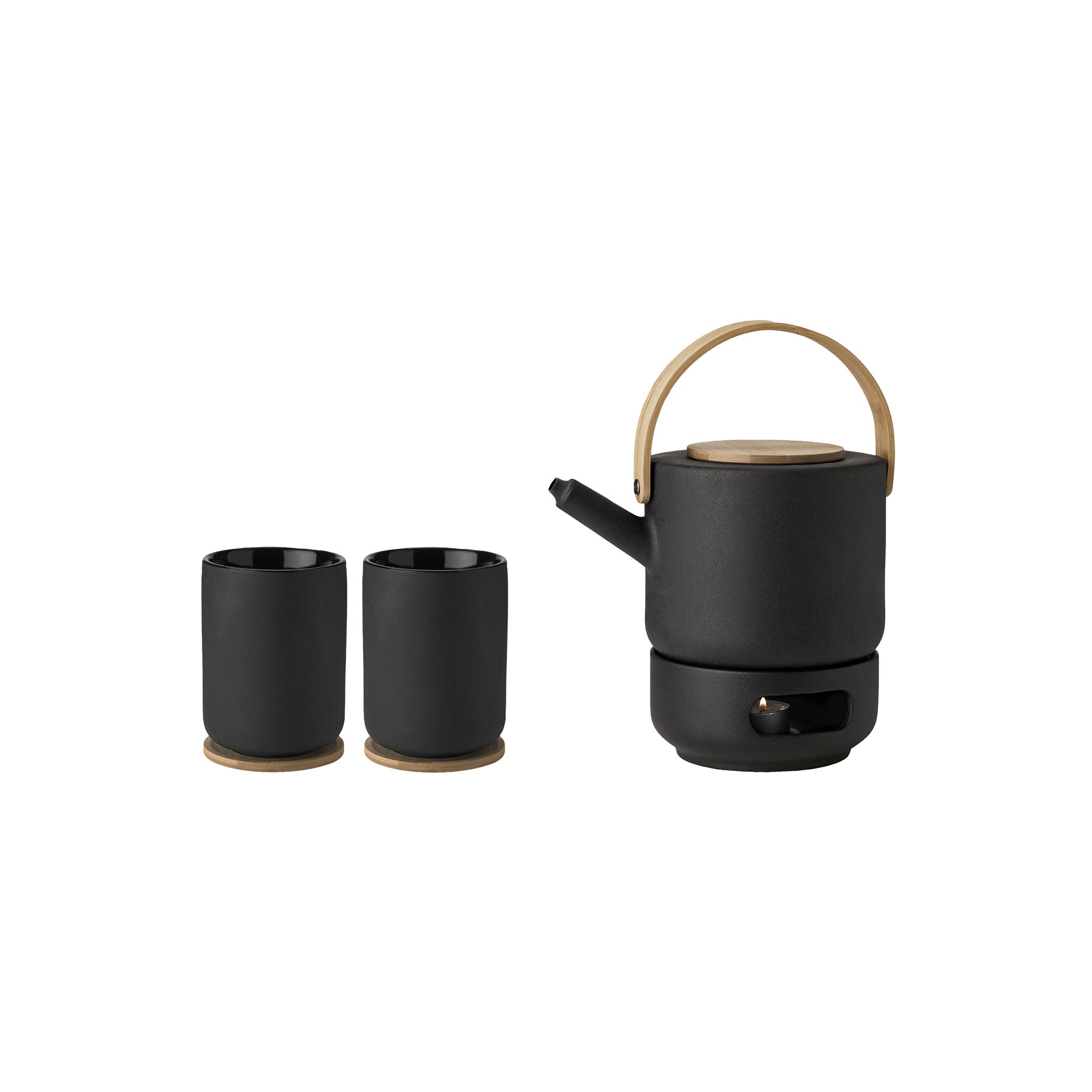 Stelton Theo Teapot Bundle in matte black stoneware with glossy interiors. Includes Teapot, Tea Warmer, and two Thermo Cups with bamboo coasters. Designed by Francis Cayouette. Pairs with Theo Milk Jug.
