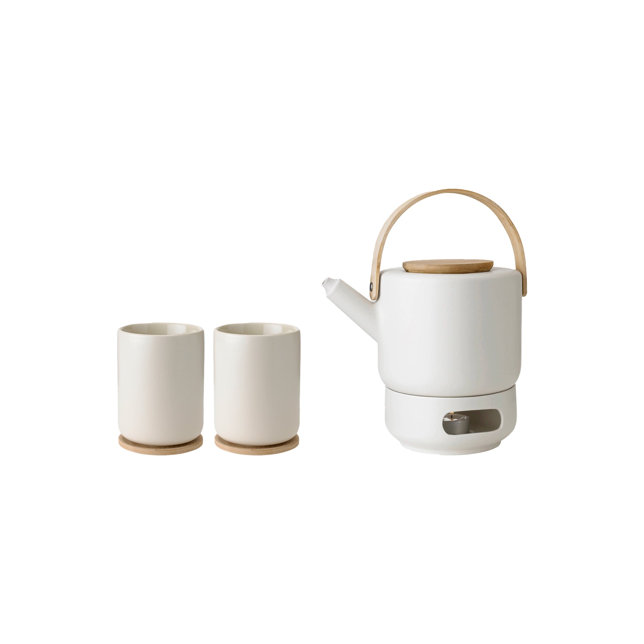 Stelton Theo Teapot Bundle in matte sand stoneware with glossy interiors. Includes Teapot, Tea Warmer, and two Thermo Cups with bamboo coasters. Designed by Francis Cayouette. Pairs with Theo Milk Jug.