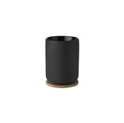 Stelton Theo Thermo Cup with bamboo coaster, available in matte black or sand stoneware with glossy interior, designed by Francis Cayouette. 0.25 L Nordic mug.