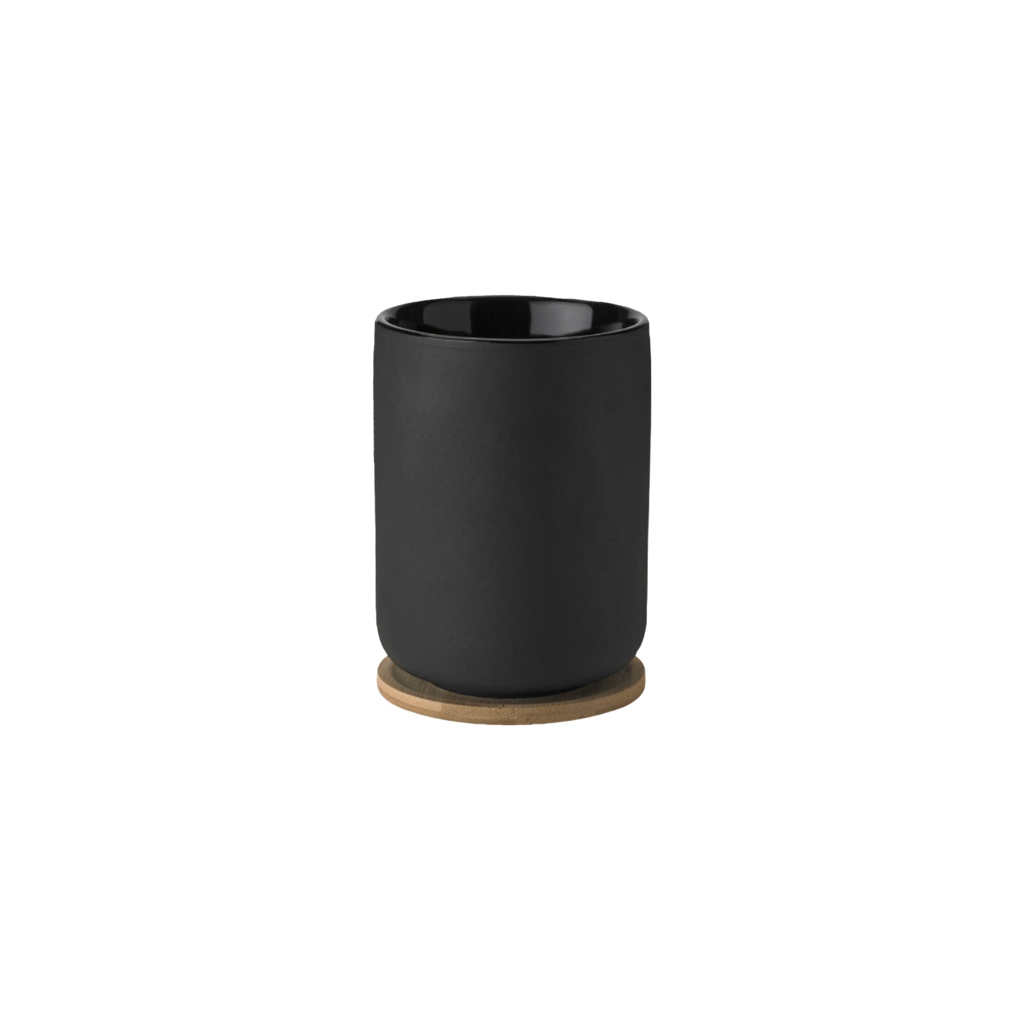 Stelton Theo Thermo Cup with bamboo coaster, available in matte black or sand stoneware with glossy interior, designed by Francis Cayouette. 0.25 L Nordic mug.