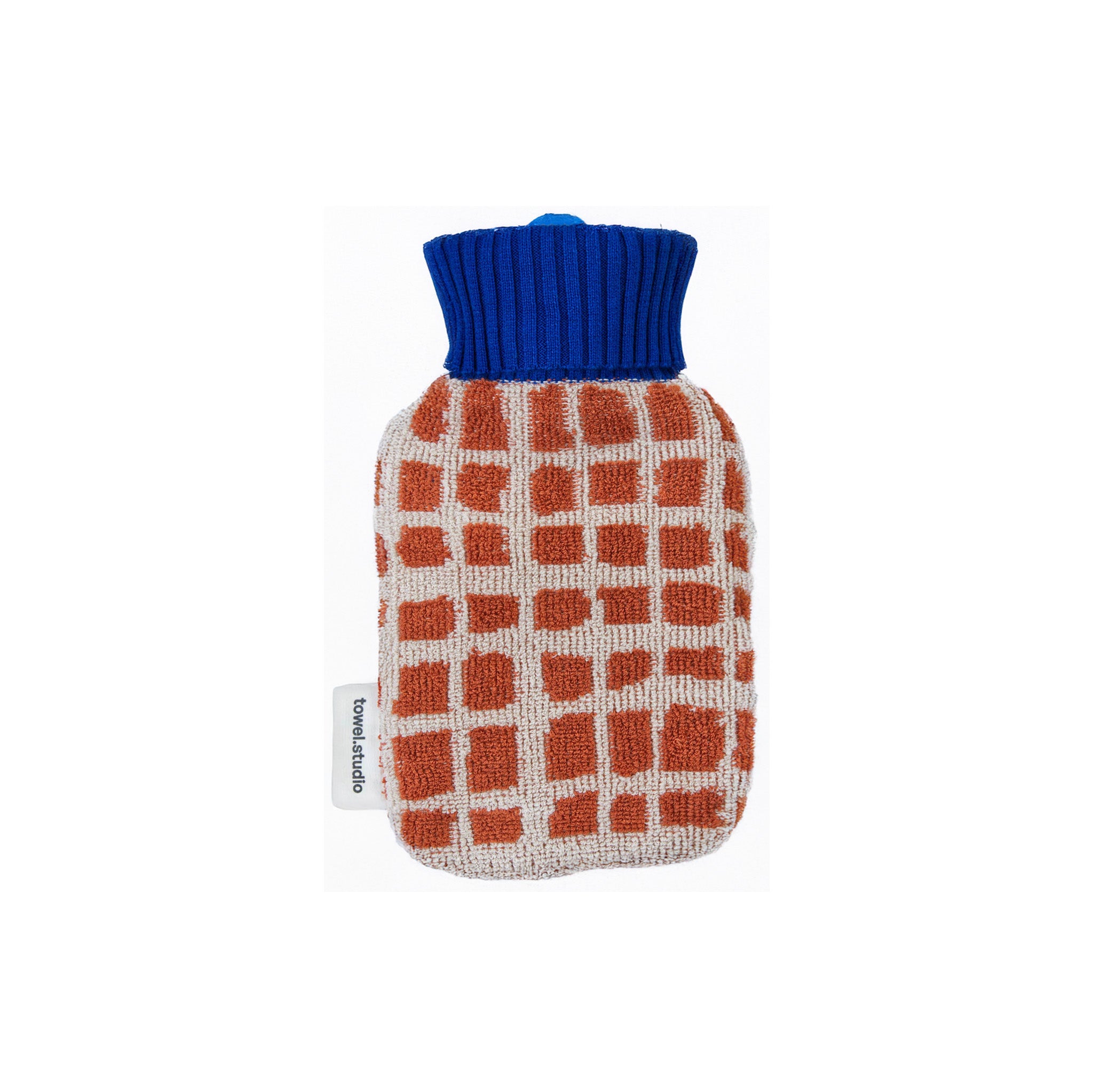 Towel Studio Bold Grid Hot Water Bottle, small 0.8 L. Barn red terry grid cover with blue ribbed collar, organic cotton with natural rubber bottle.