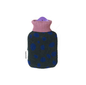 Pebbles Hot Water Bottle by Towel Studio, small 0.8 L. Grapevine green terry cover with blue pebble pattern and lavender ribbed collar, organic cotton with natural rubber bottle.
