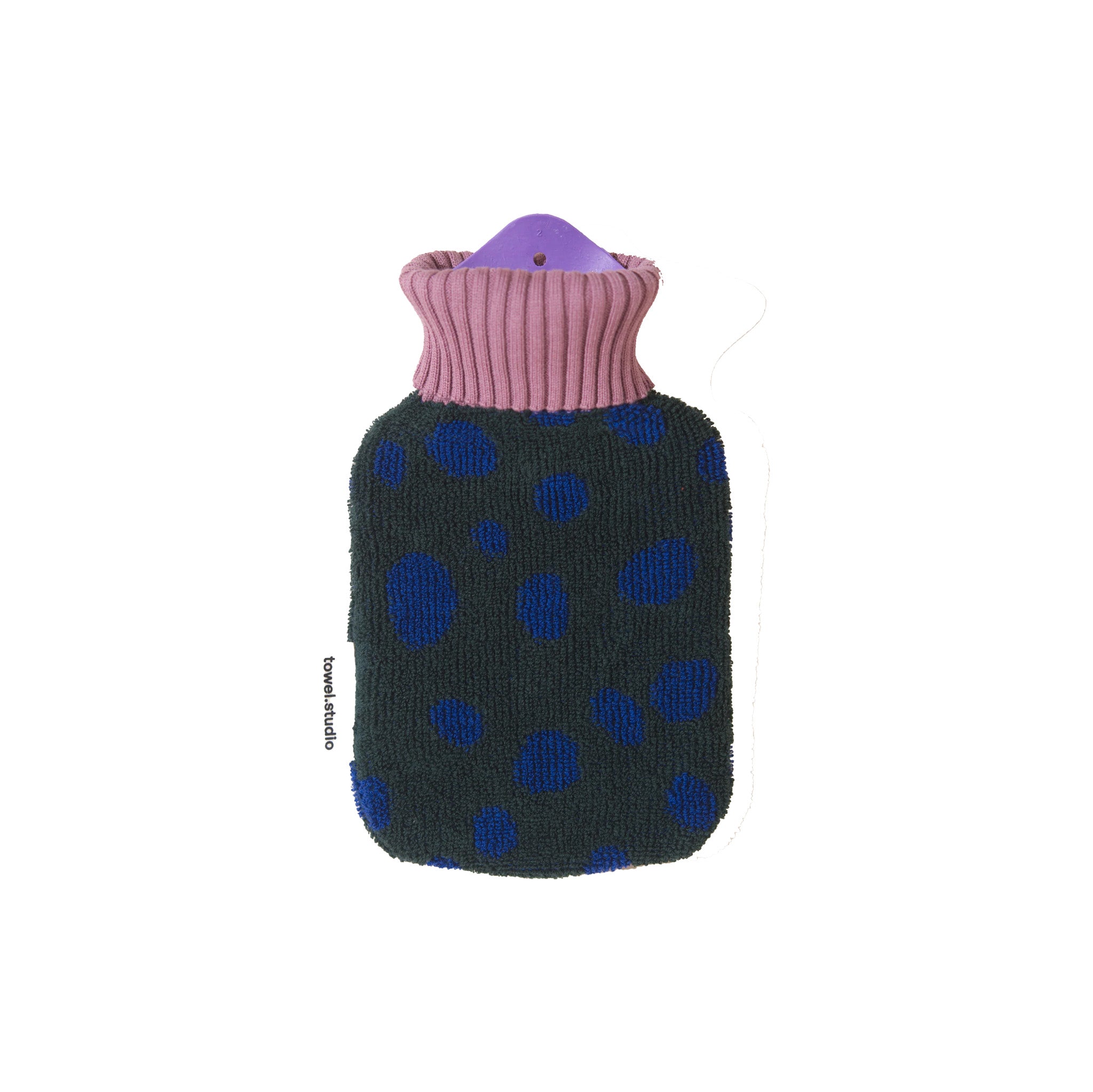 Pebbles Hot Water Bottle by Towel Studio, small 0.8 L. Grapevine green terry cover with blue pebble pattern and lavender ribbed collar, organic cotton with natural rubber bottle.
