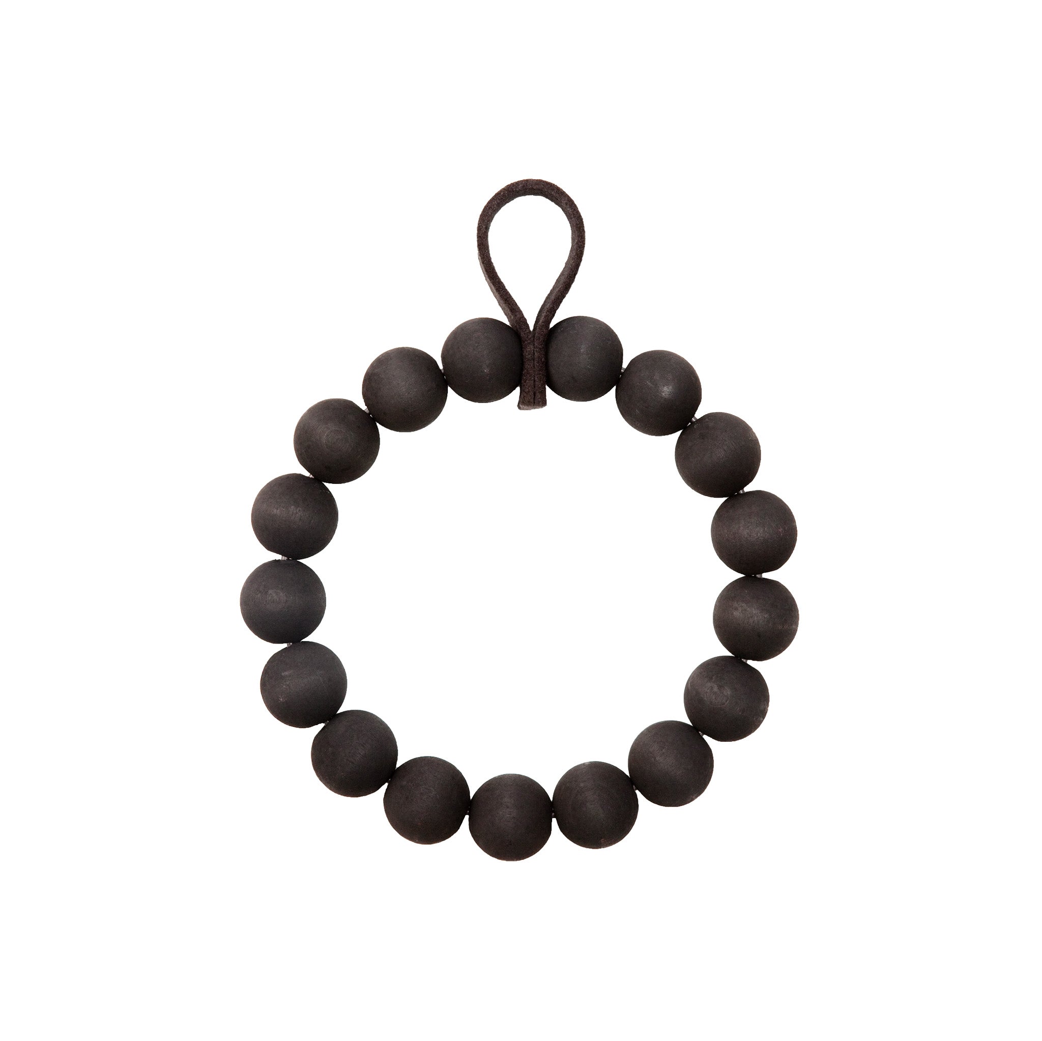 Verso Design KRANSSI Wreath Trivet in Black with Grey Felt loop, handcrafted Nordic bead design, usable as wreath or trivet.