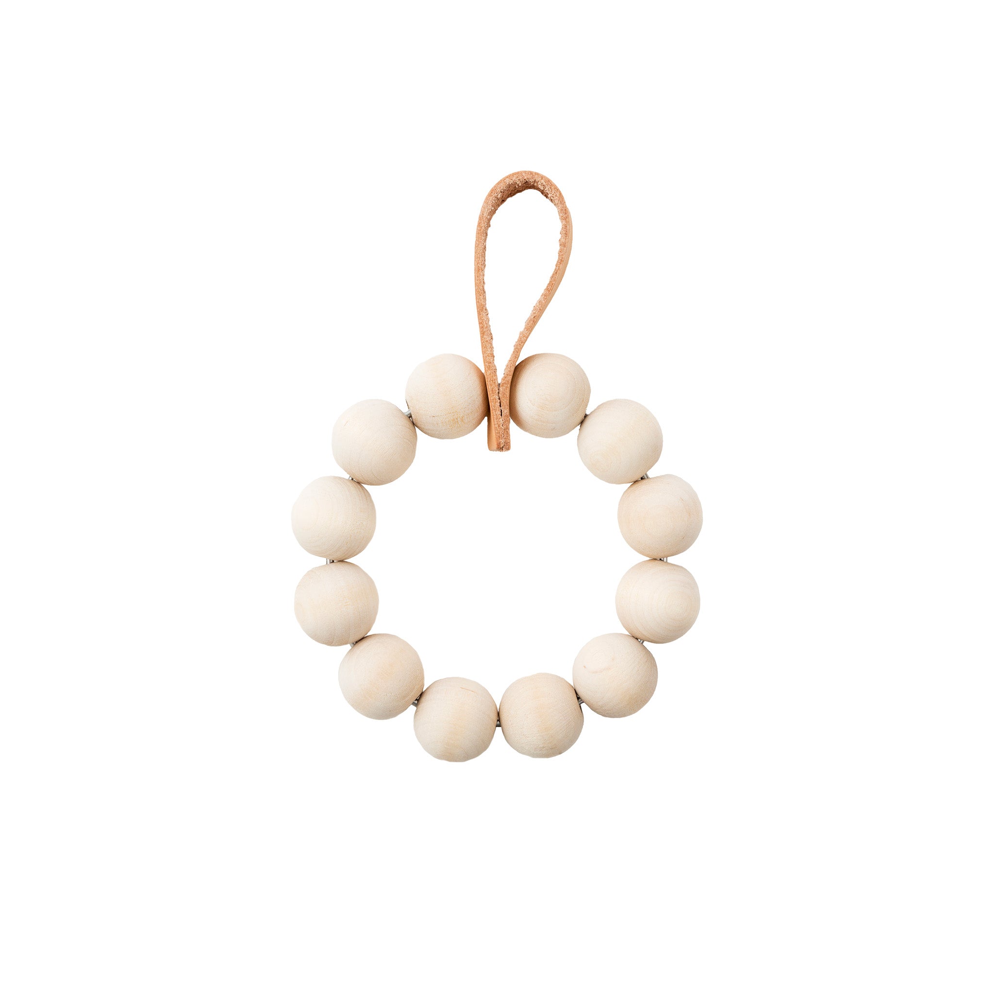 Verso Design KRANSSI Wreath Trivet in Birch with Leather loop, handcrafted Nordic bead design, usable as wreath or trivet.