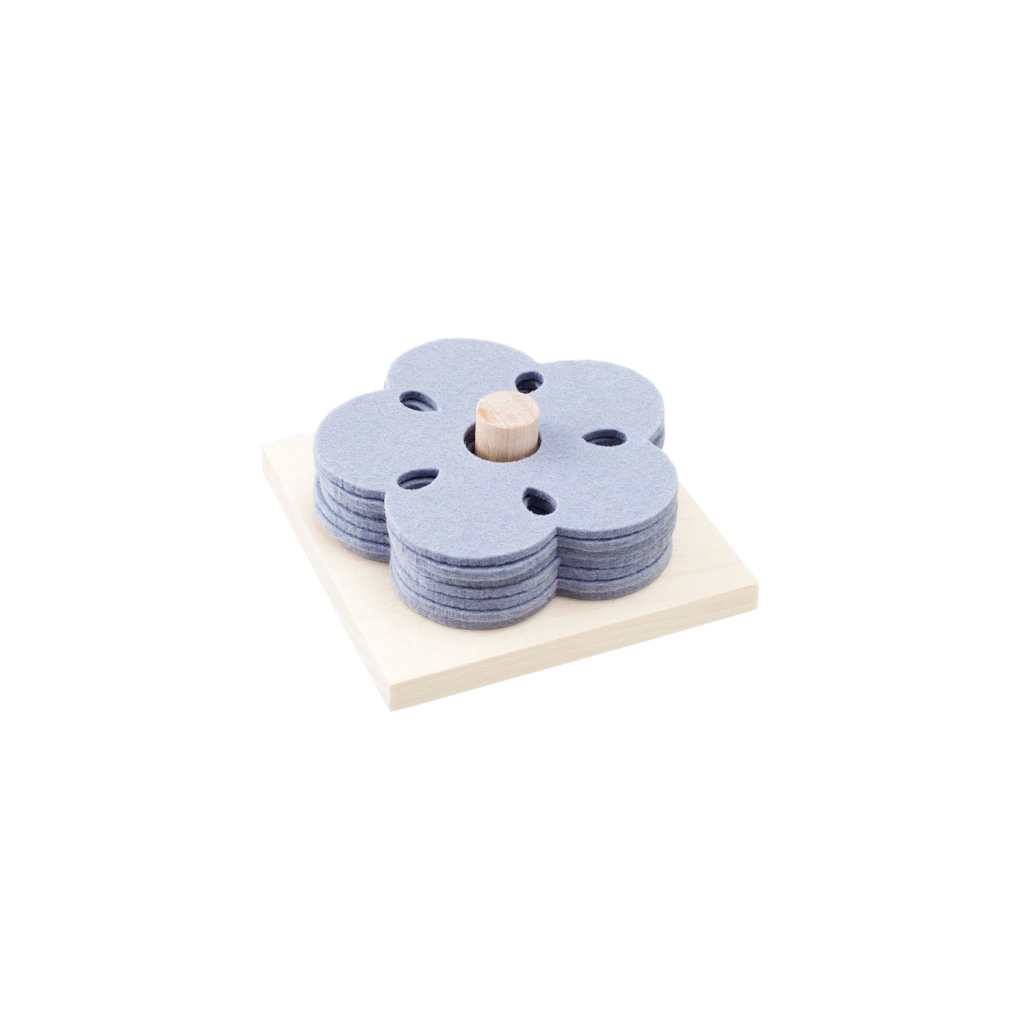 Verso Design KUKKA Coaster Set of eight wool felt flower coasters with birch wood stand, designed by Tuttu Sillanpää.