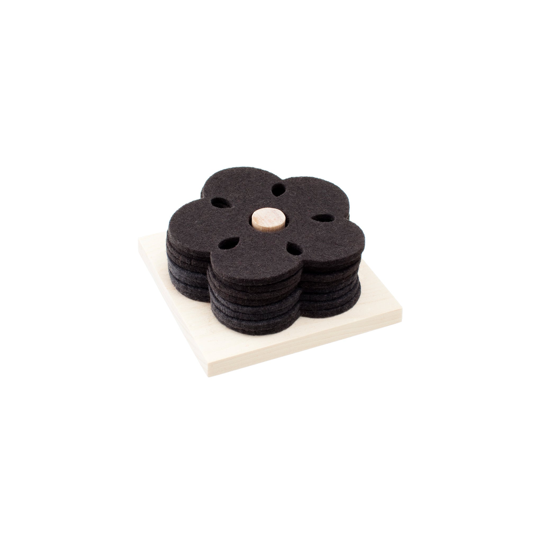 Verso Design KUKKA Coaster Set of eight wool felt flower coasters with birch wood stand, designed by Tuttu Sillanpää.