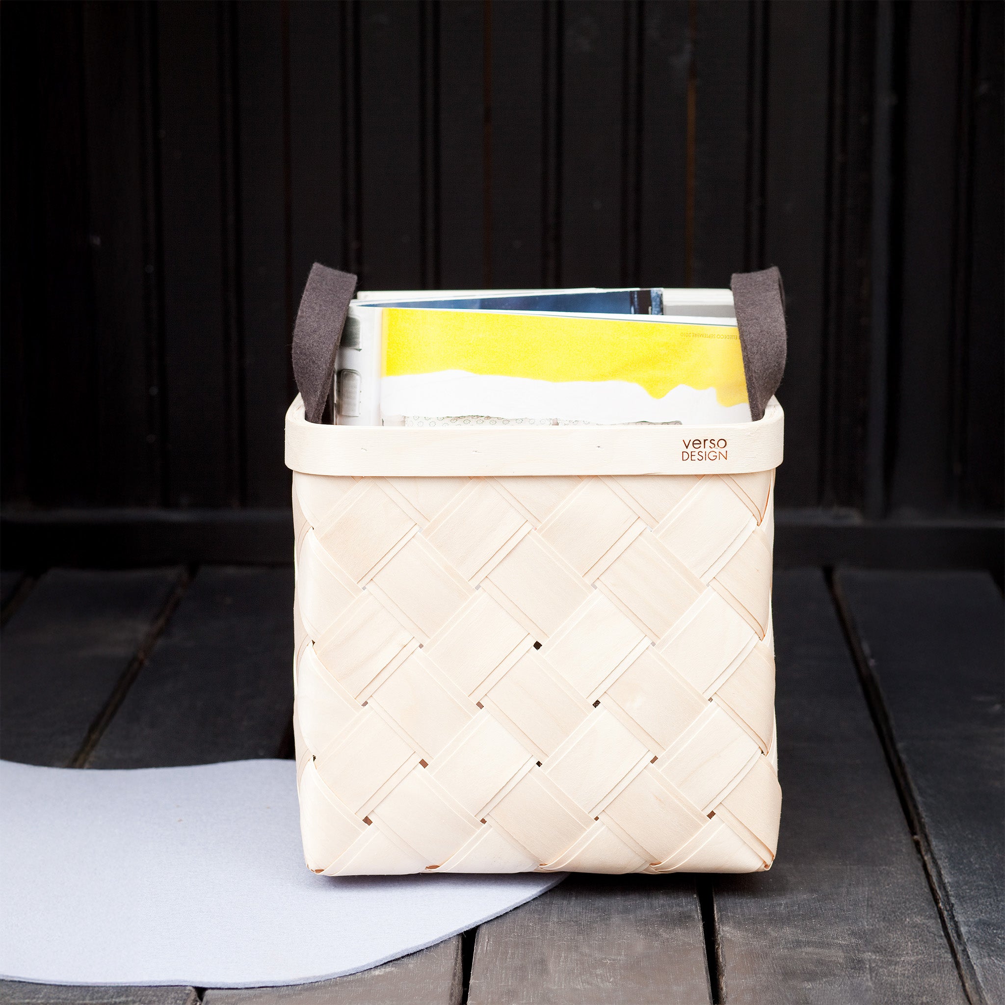 Verso Design Lastu Large Birch Basket in FSC-certified birch with wool felt handles, oversized and sustainably made in Finland for eco-friendly storage.