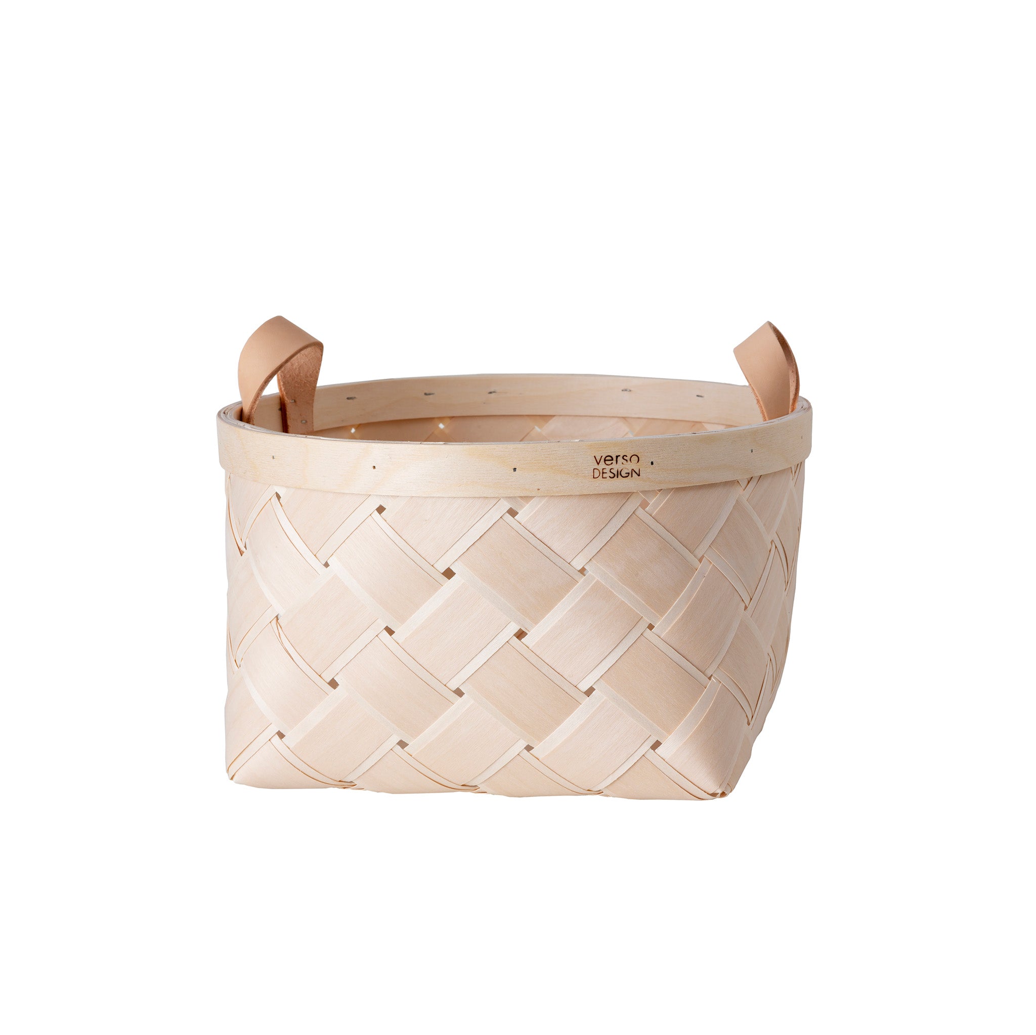 Verso Design Lastu Round Birch Basket in FSC-certified birch with wool felt or leather handles, sustainably handcrafted in Finland for lasting, eco-friendly storage.