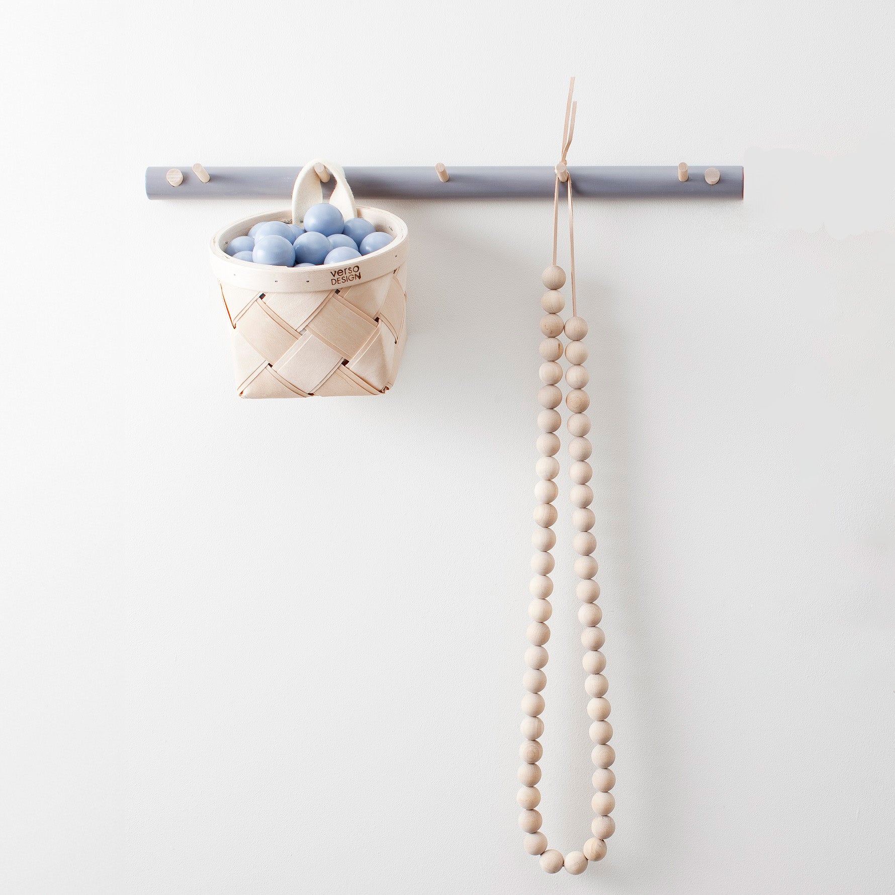 Verso Design OKSA Coat Rack in Grey birch wood, 50 cm wide, sustainably handcrafted in Finland with hidden screws and peg detail.