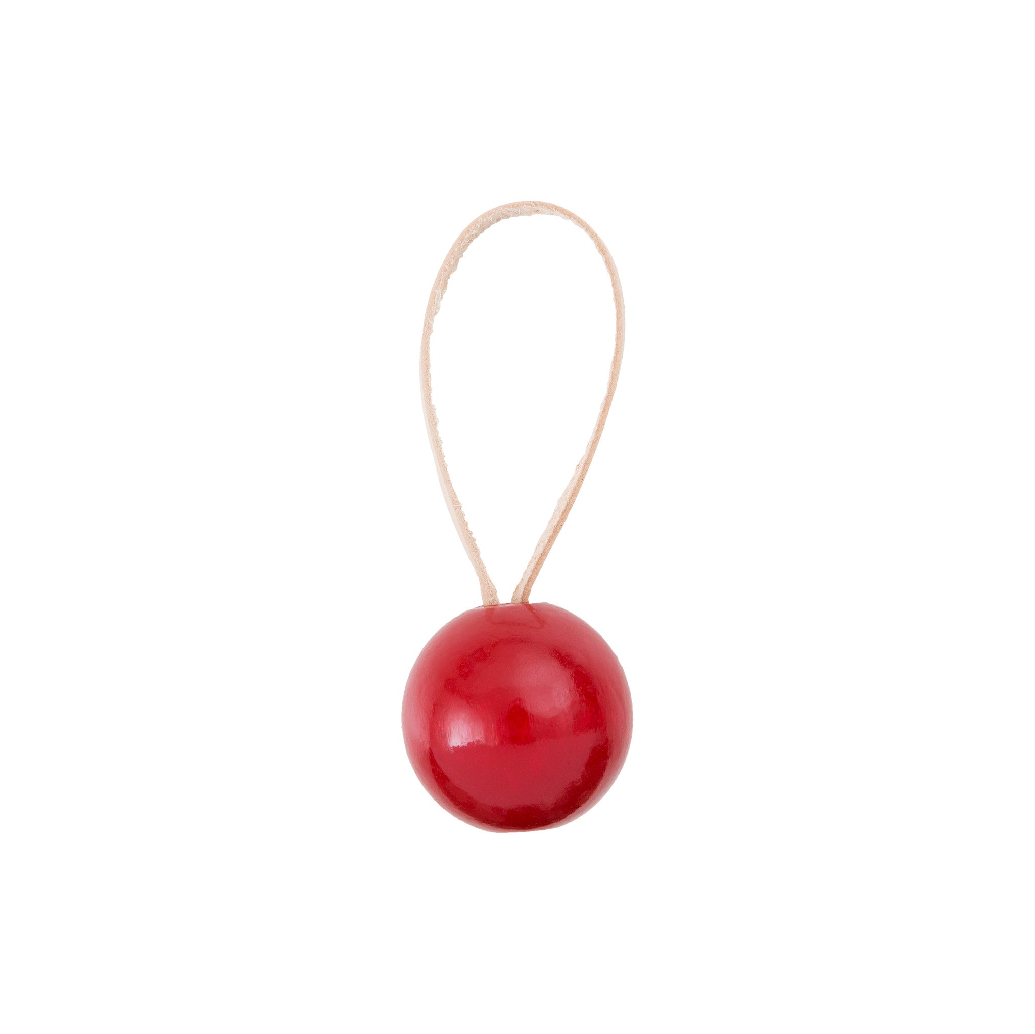 PALLO Ornament by Verso Design — birch wood sphere ornament with leather loop, available in natural or red, inspired by Finnish forests.