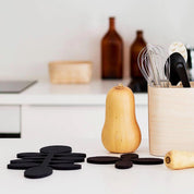 Verso Design PAPU Long Trivet, wool felt trivet with leaf-inspired design in grey, green, or silver. Made in Finland.