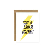 Worthwhile Paper Badass Birthday Card with bold lightning bolt design. Eco-friendly handmade card, A2 size, blank inside, recycled paper envelope.