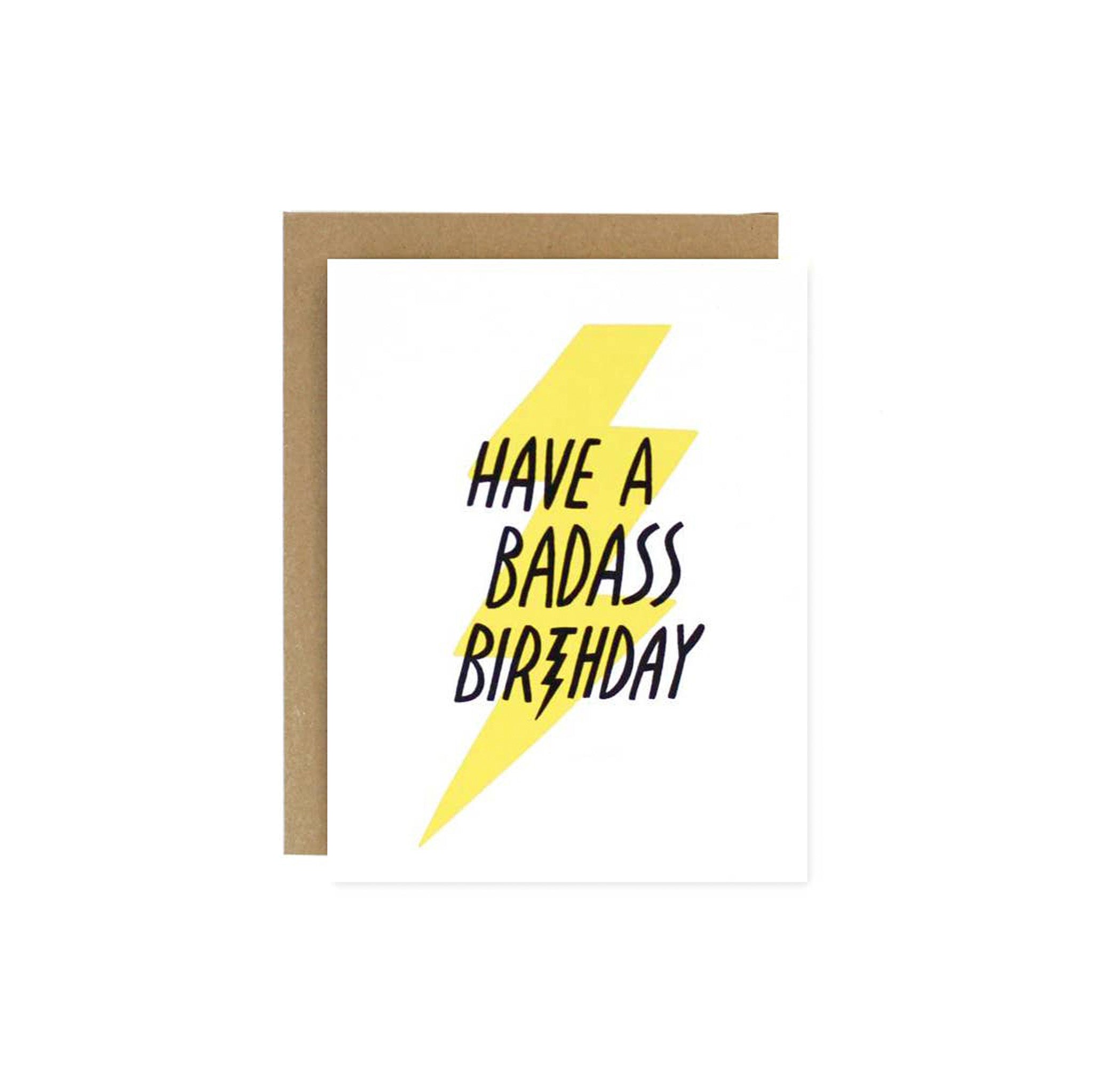 Worthwhile Paper Badass Birthday Card with bold lightning bolt design. Eco-friendly handmade card, A2 size, blank inside, recycled paper envelope.