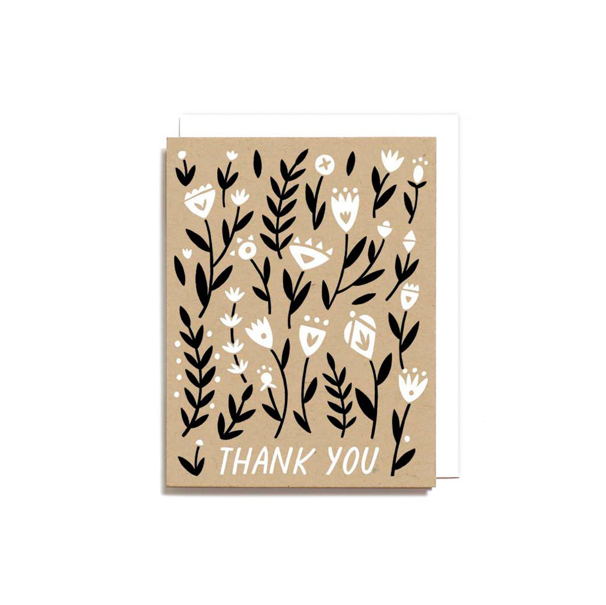 Worthwhile Paper Thank You Floral Pattern Card with playful hand-drawn floral design. Eco-friendly handmade card, A2 size, blank inside, envelope included.