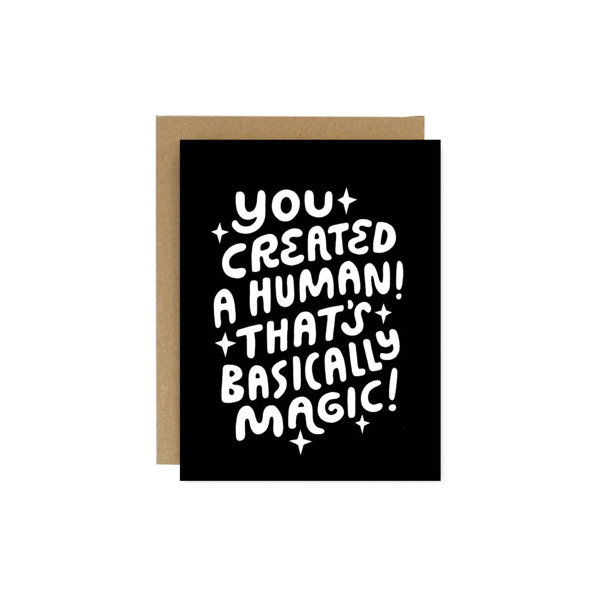 Worthwhile Paper Human Magic New Baby Card with whimsical design. Eco-friendly handmade new baby card, A2 size, blank inside, includes recycled envelope.