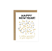 Worthwhile Paper New Year Sequins Card featuring hand-printed gold sequin pattern and “Happy New Year!” text on white recycled paper.