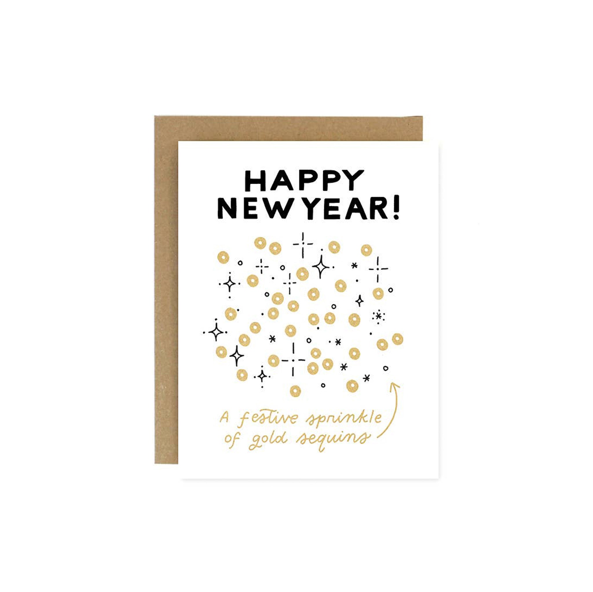 Worthwhile Paper New Year Sequins Card featuring hand-printed gold sequin pattern and “Happy New Year!” text on white recycled paper.