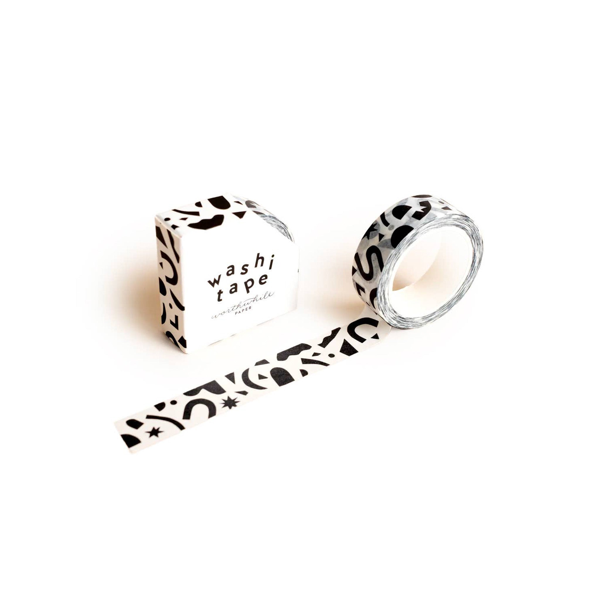 Worthwhile Paper Confetti Pattern Washi Tape in black and white. Decorative paper tape, 15mm wide, recyclable storage box.