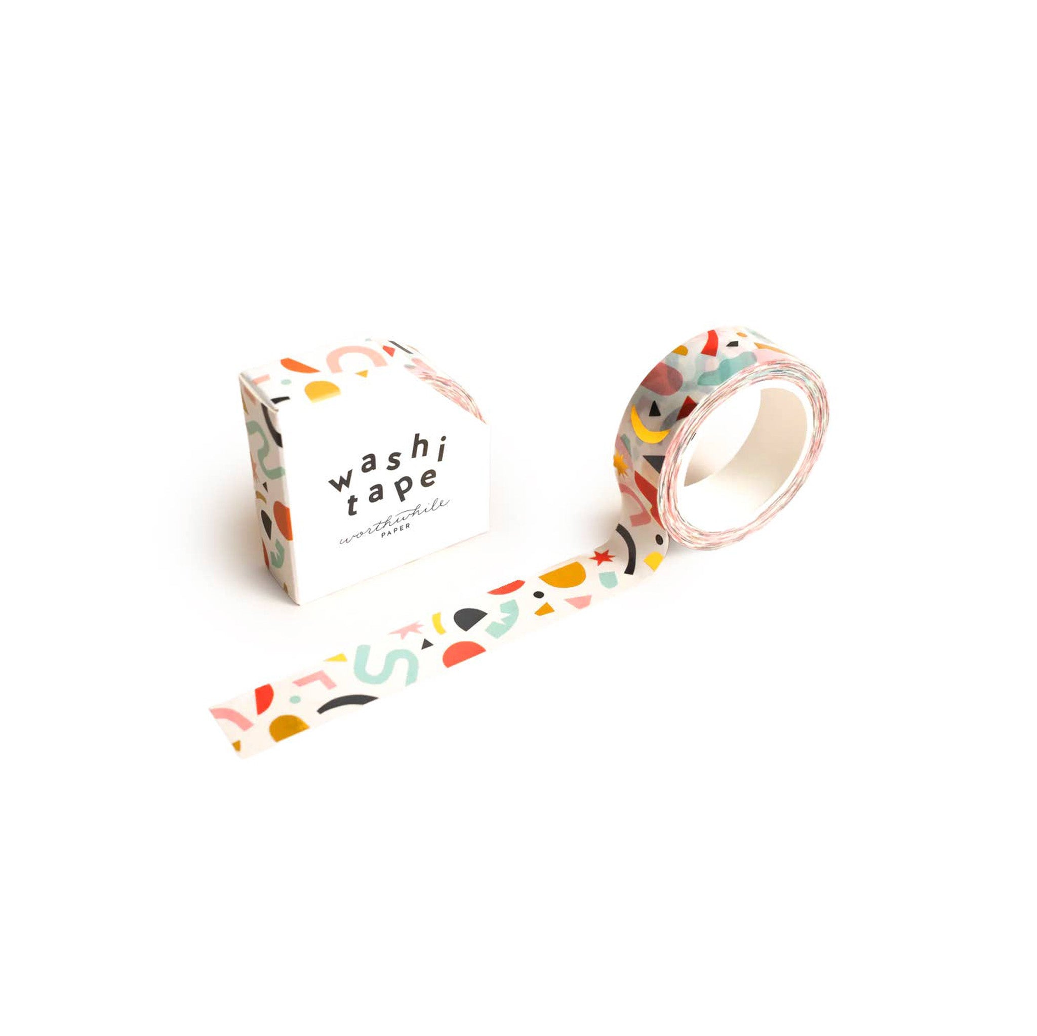 Worthwhile Paper Confetti Pattern Washi Tape with colorful confetti and gold foil accents. Decorative paper tape, 15mm wide, recyclable storage box.