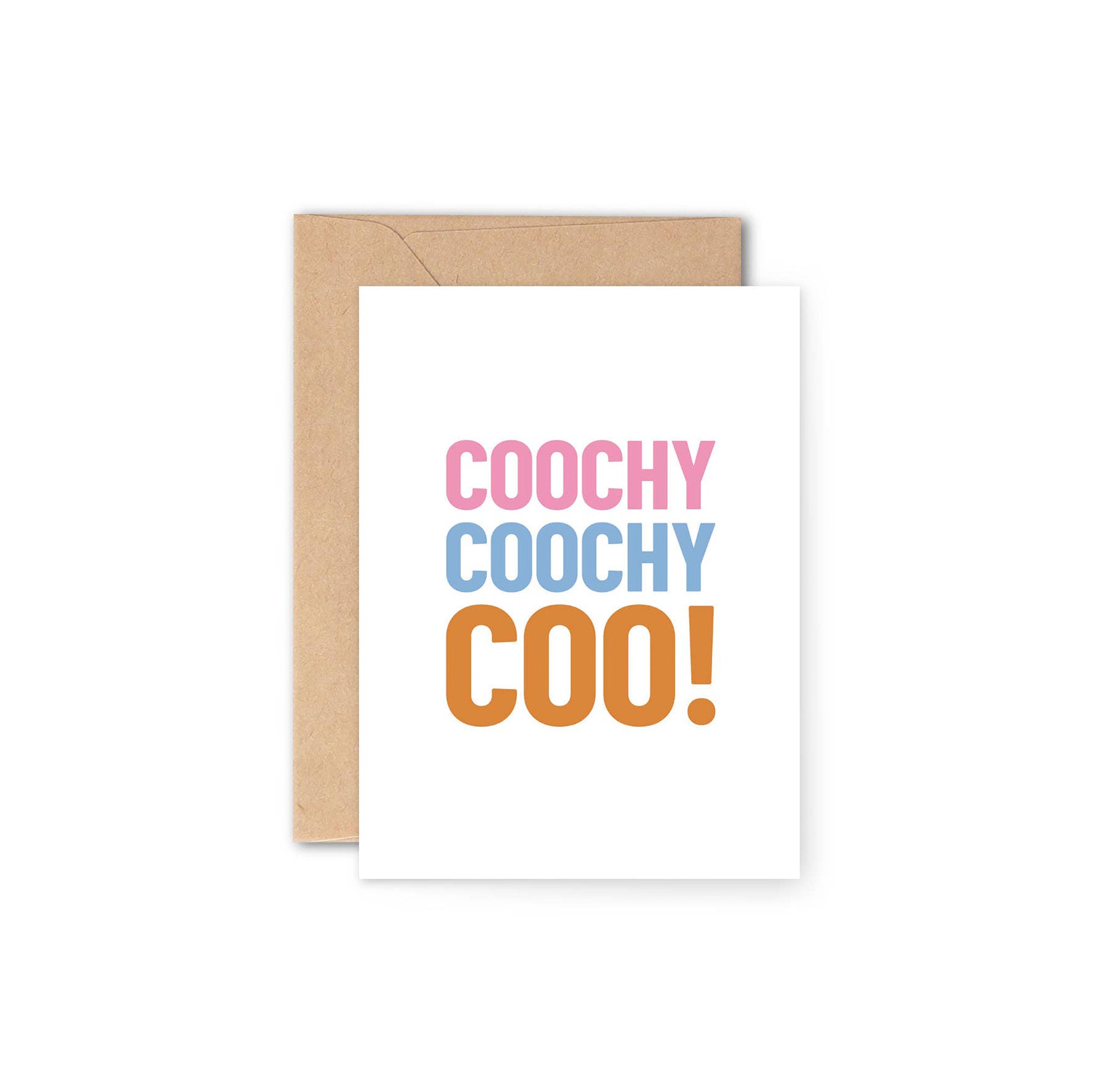 Y Studio Coochy Baby Greeting Card with bold playful text design. Eco-friendly UK-made card, blank inside, 120 × 170mm, Kraft envelope included.