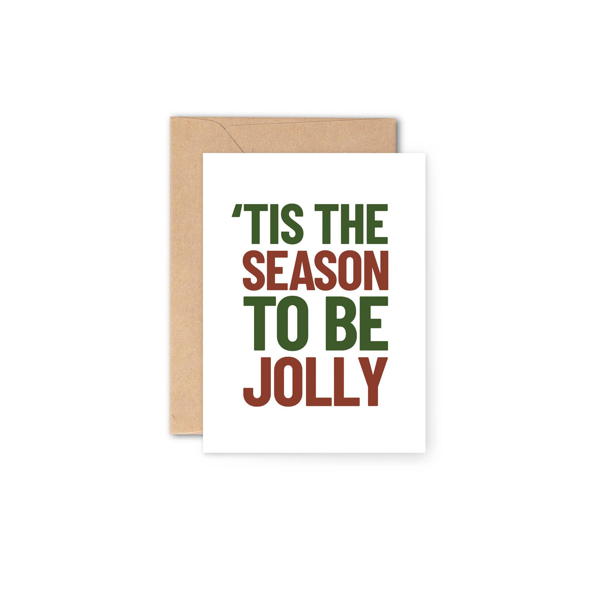 Y Studio ‘Tis Festive Card featuring bold green and red text reading “‘Tis the Season to Be Jolly” on white background.