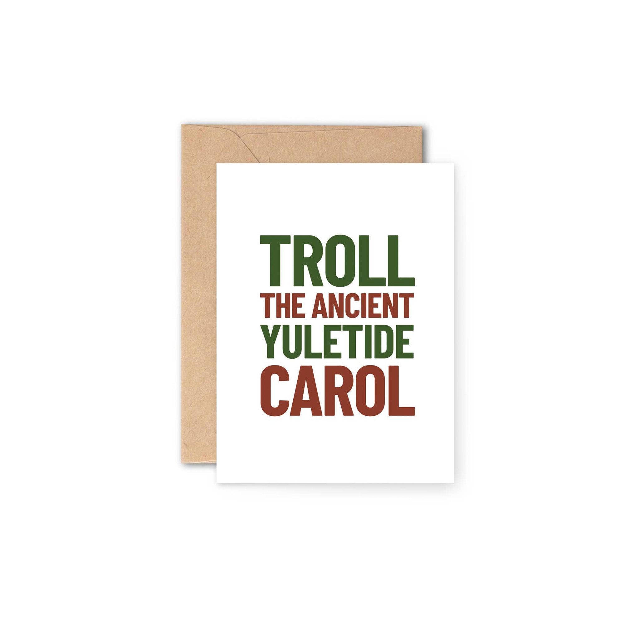 Y Studio Troll Festive Card featuring bold red and green text reading “Troll the Ancient Yuletide Carol” on white background.